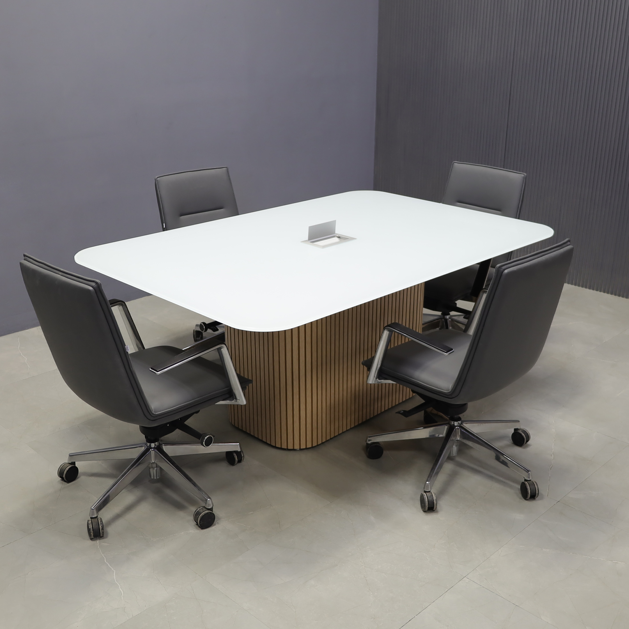 120-inch Omaha Racetrack Conference Table X2 with White Tempered glass top, Maple tambour X2 base, and two silver Mx3 power box.