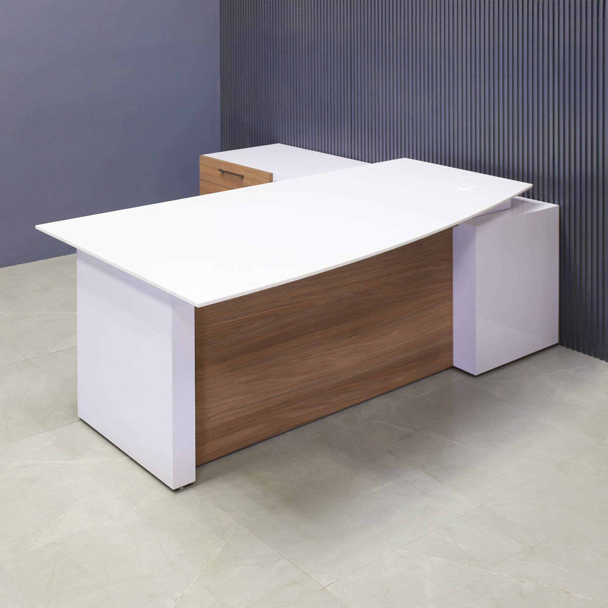 72-inch Avenue Curved Executive Desk with Credenza in 1/2-inch white solid engineered surface top, white gloss laminate credenza & leg, and uptown walnut matte laminate privacy panel and front drawers.