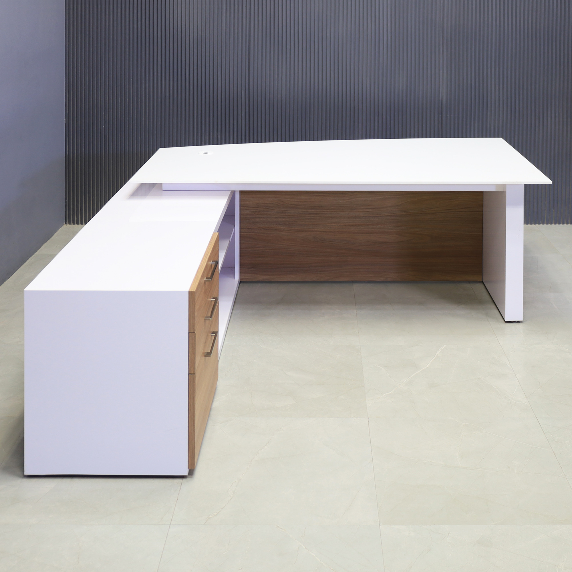 72-inch Avenue Curved Executive Desk with Credenza in 1/2-inch white solid engineered surface top, white gloss laminate credenza & leg, and uptown walnut matte laminate privacy panel and front drawers.