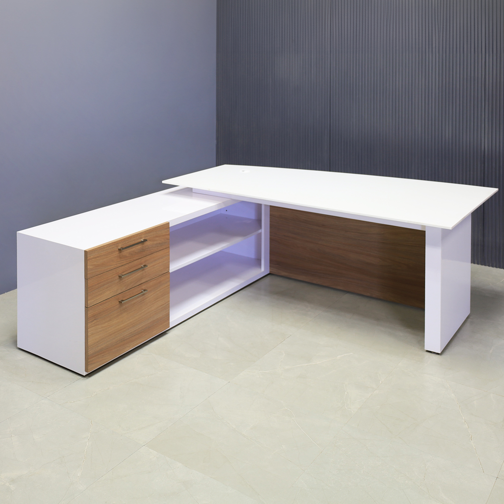72-inch Avenue Curved Executive Desk with Credenza in 1/2-inch white solid engineered surface top, white gloss laminate credenza & leg, and uptown walnut matte laminate privacy panel and front drawers.