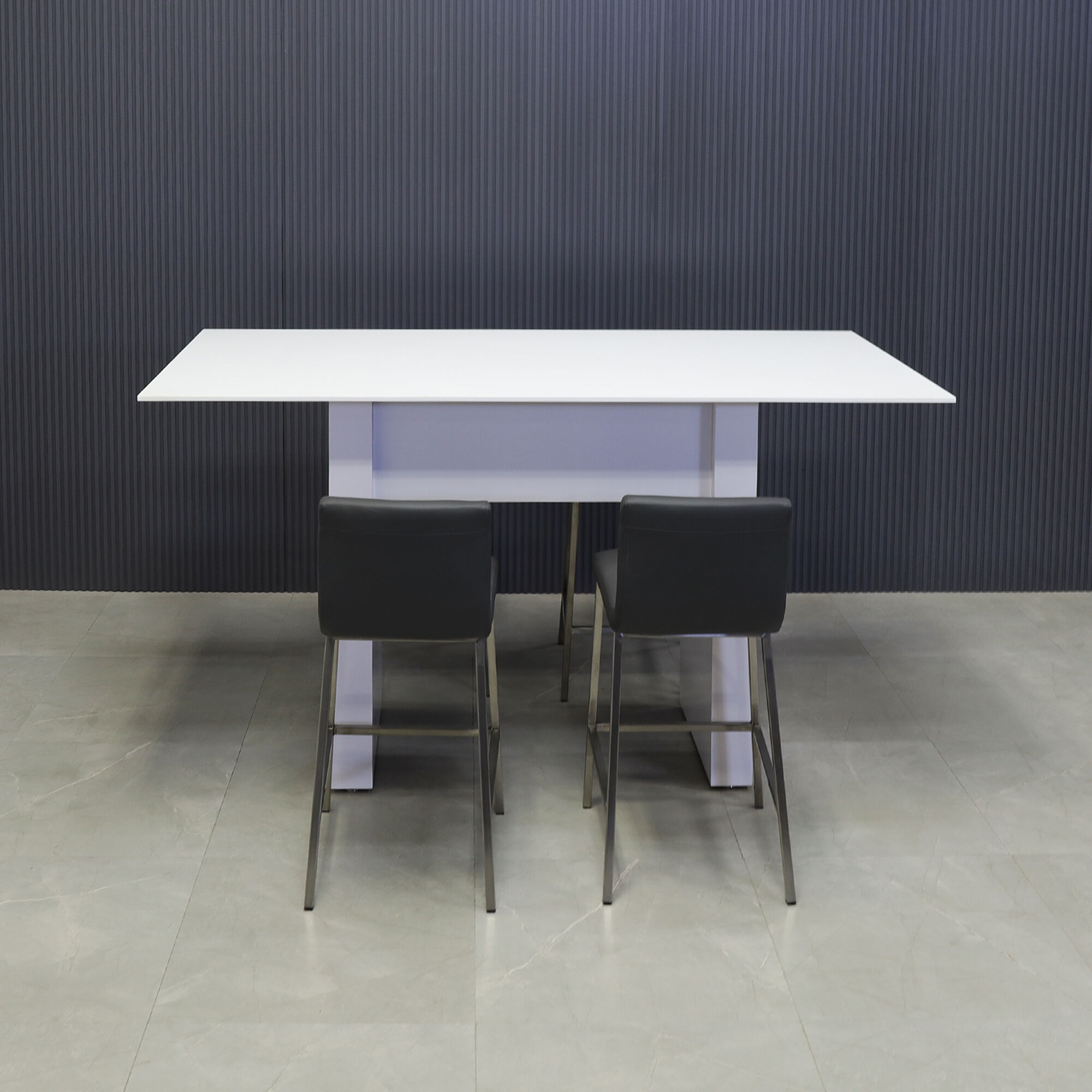 72-inch Windsor Engineered Surface Bar Table in 1/2" white solid engineered surface top and white matte laminate base, shown here.