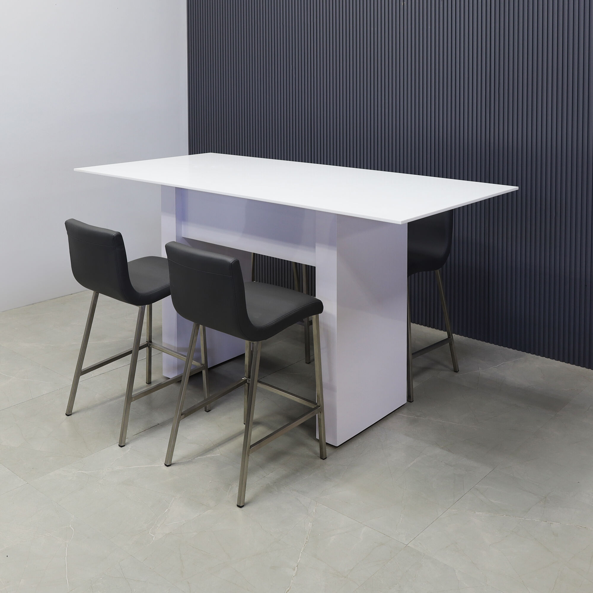 72-inch Windsor Engineered Surface Bar Table in 1/2" white solid engineered surface top and white matte laminate base, shown here.
