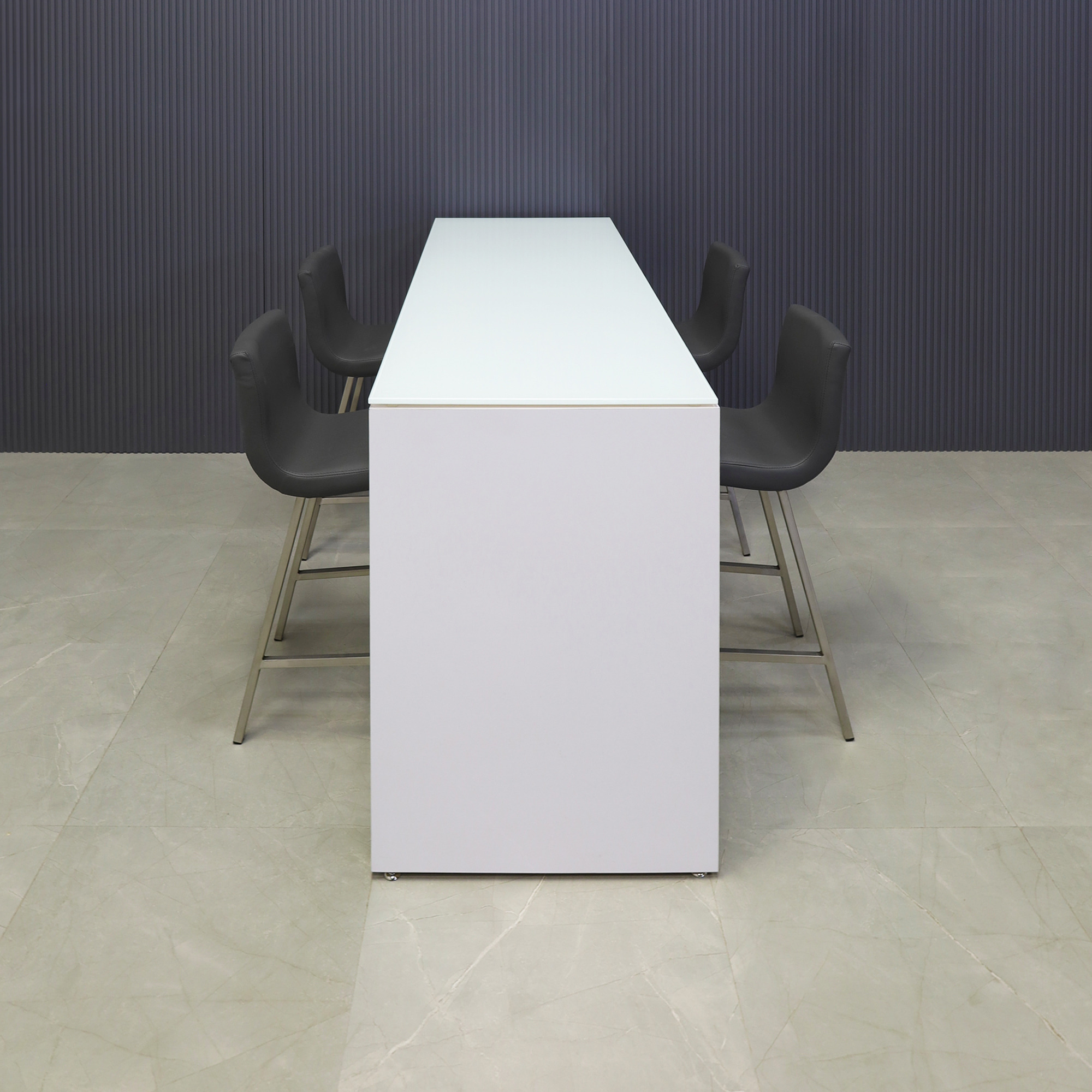 72-inch width x 42-inch height, Ashville Tempered Glass Collaboration Table in 1/2" white tempered glass top and white gloss laminate base, shown here.