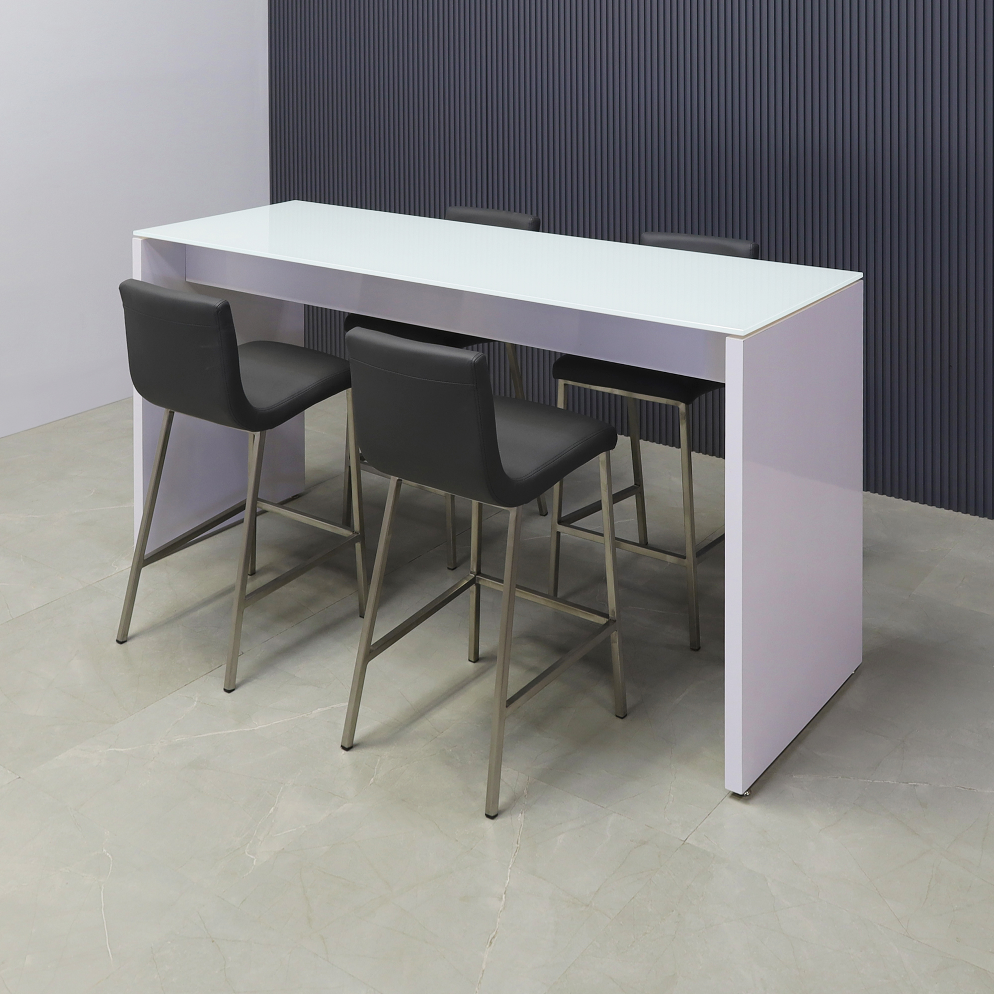72 inches Ashville Bar Table in white tempered glass top and white gloss laminate base shown here.