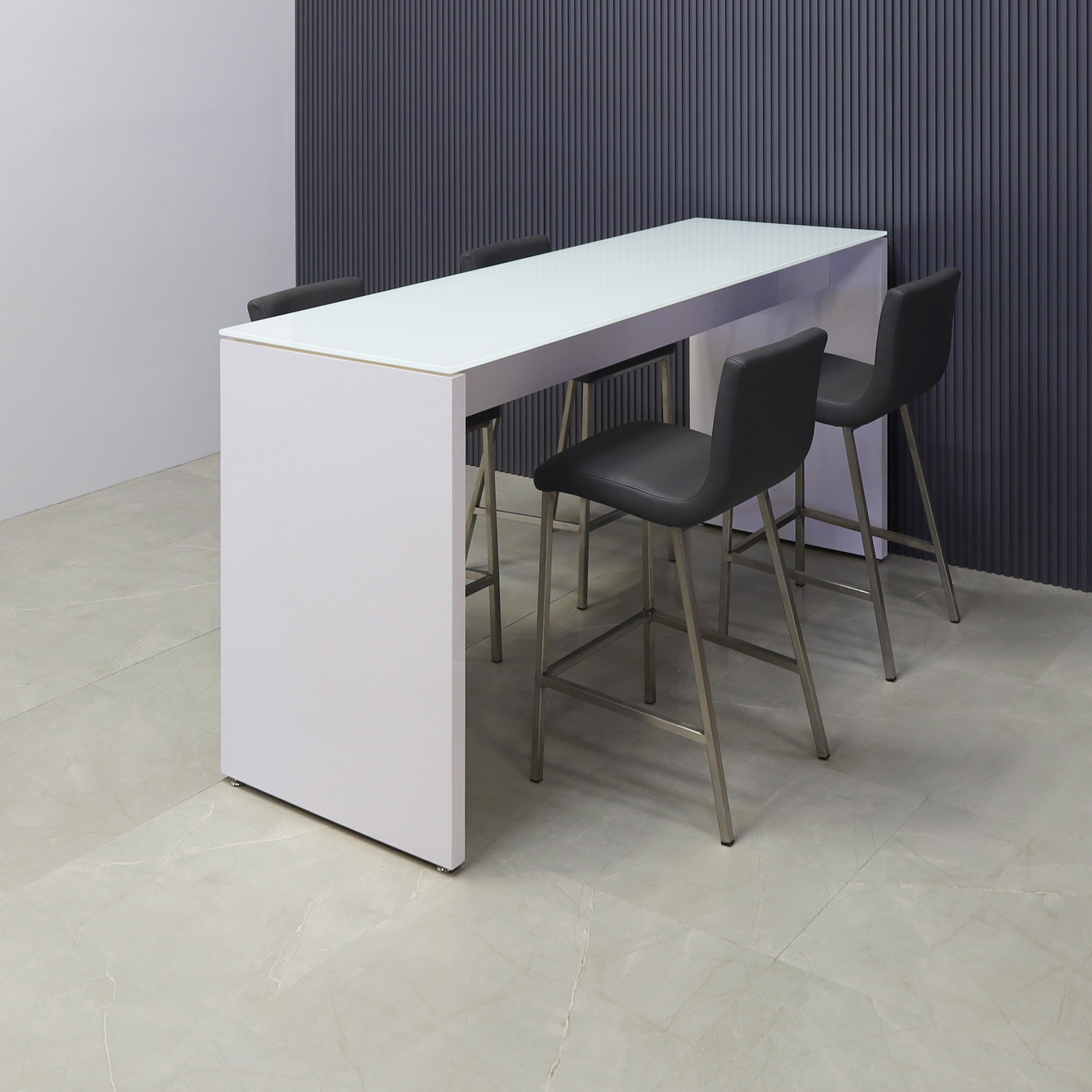 72 inches Ashville Bar Table in white tempered glass top and white gloss laminate base shown here.