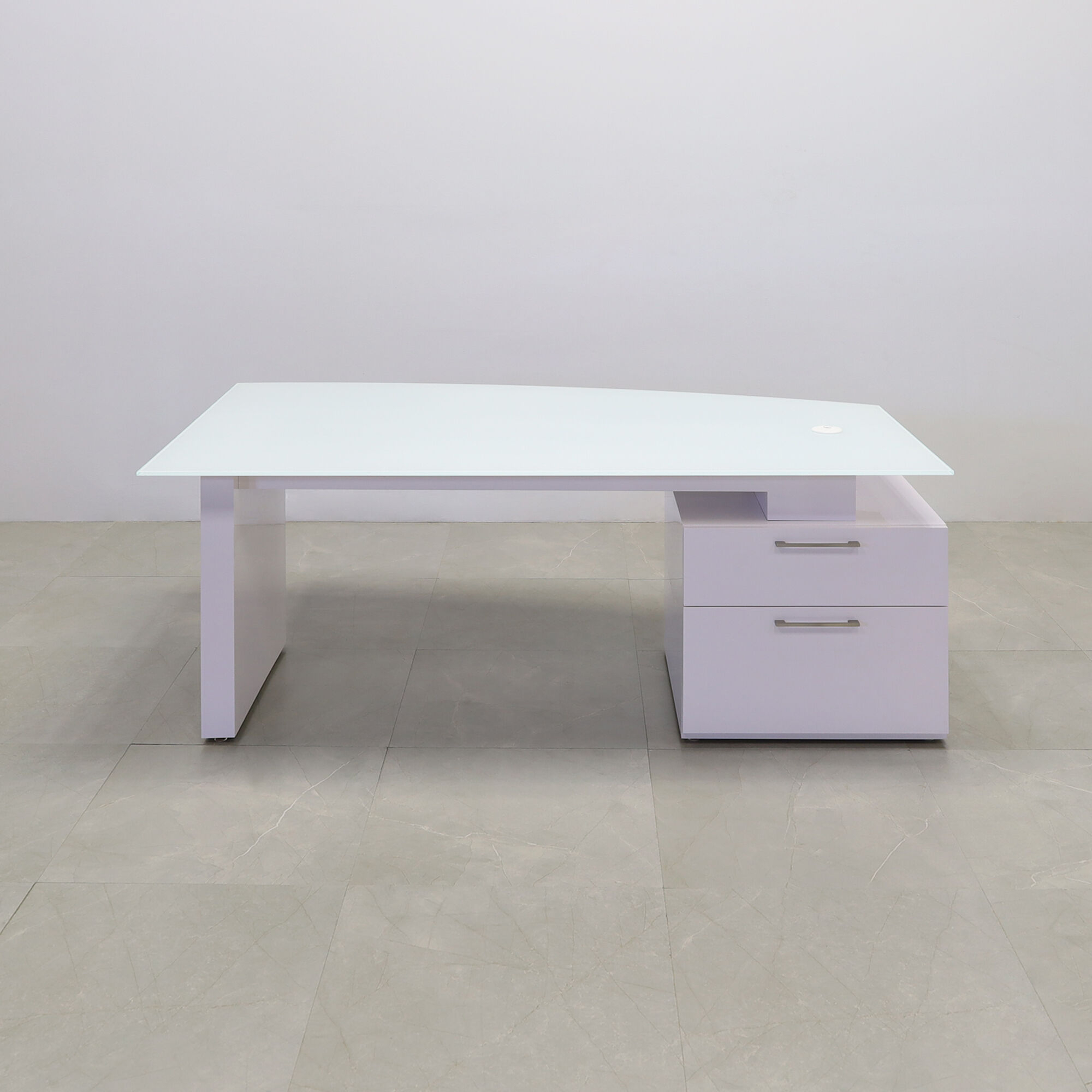 72-inch Avenue Curved Executive Desk in 1/2" white tempered glass top and white gloss laminate base & cabinet on the right side when sitting, shown here.