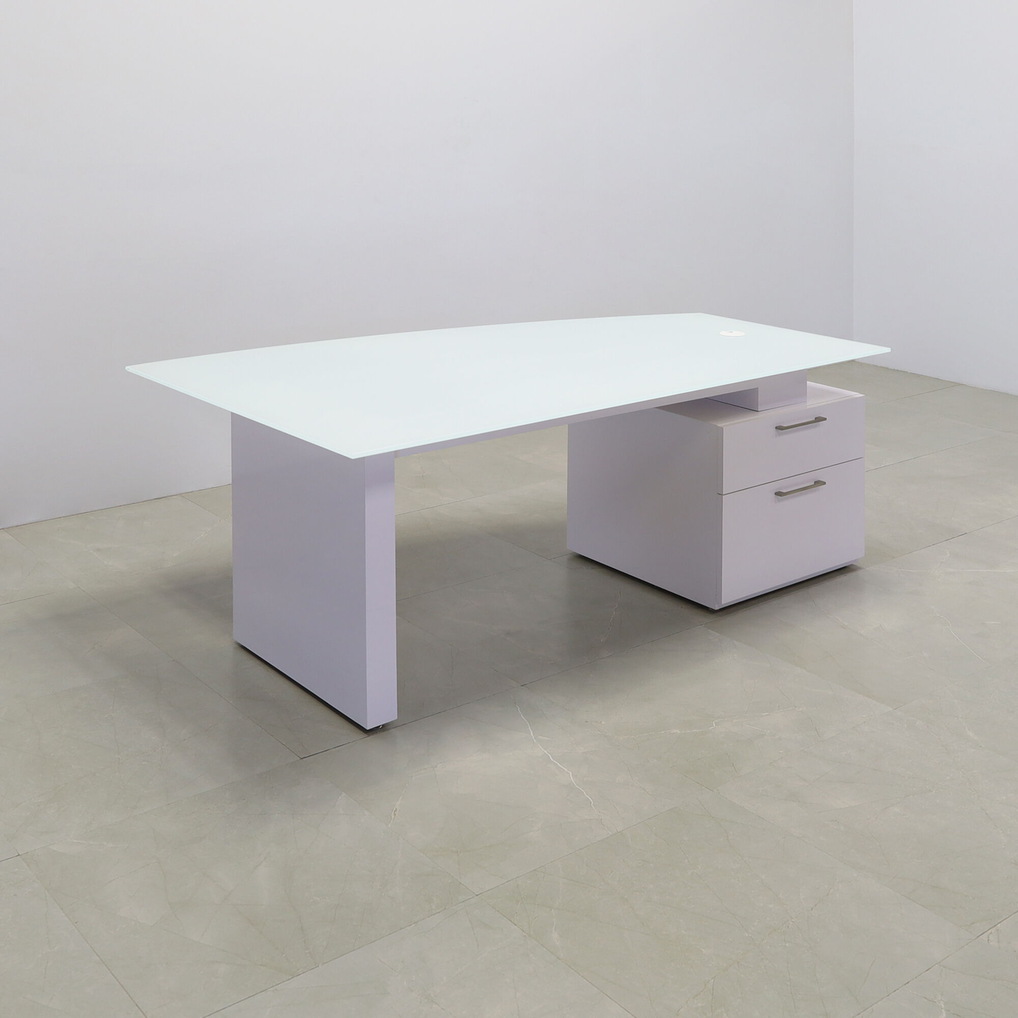 72-inch Avenue Curved Executive Desk in 1/2" white tempered glass top and white gloss laminate base & cabinet on the right side when sitting, shown here.