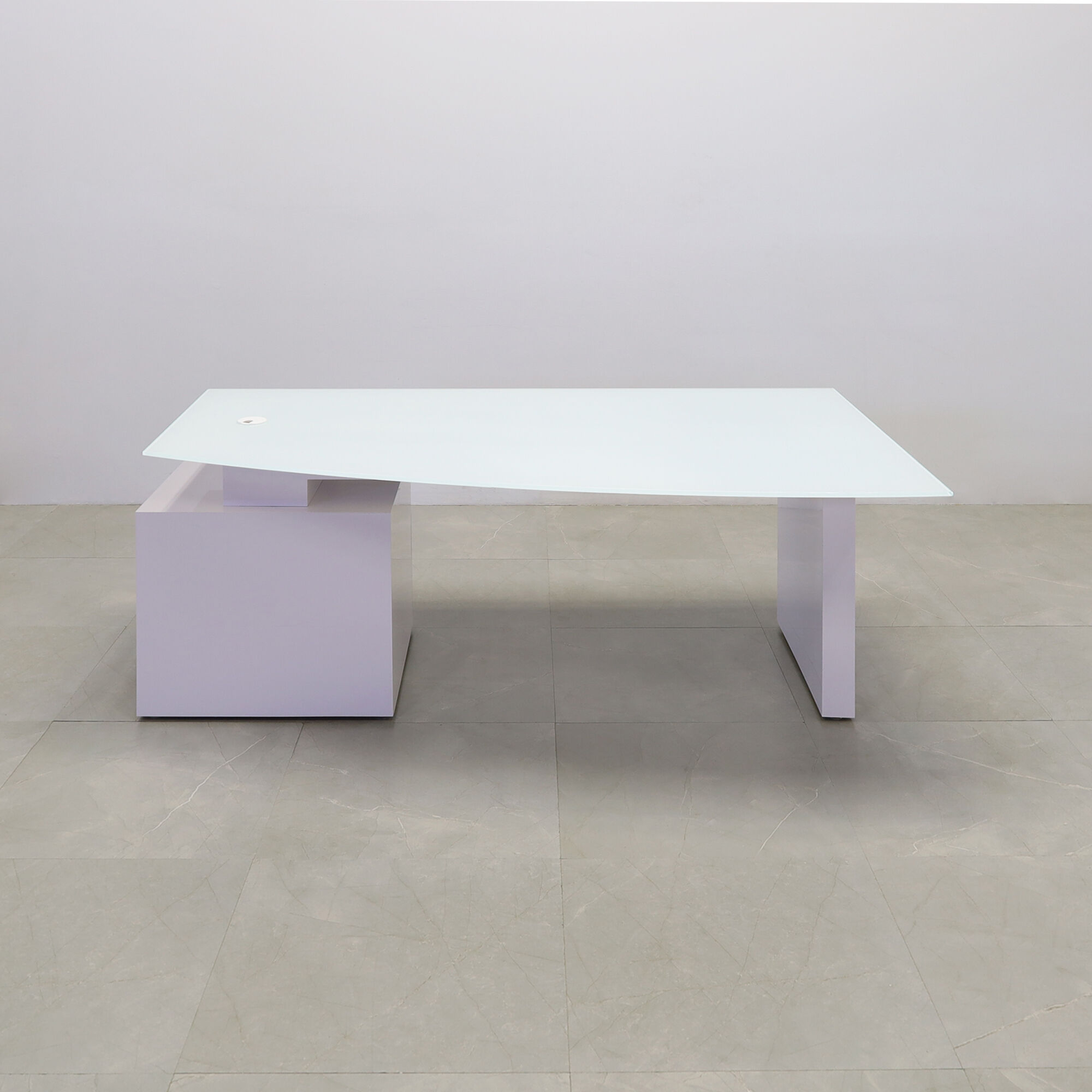72-inch Avenue Curved Executive Desk in 1/2" white tempered glass top and white gloss laminate base & cabinet on the right side when sitting, shown here.