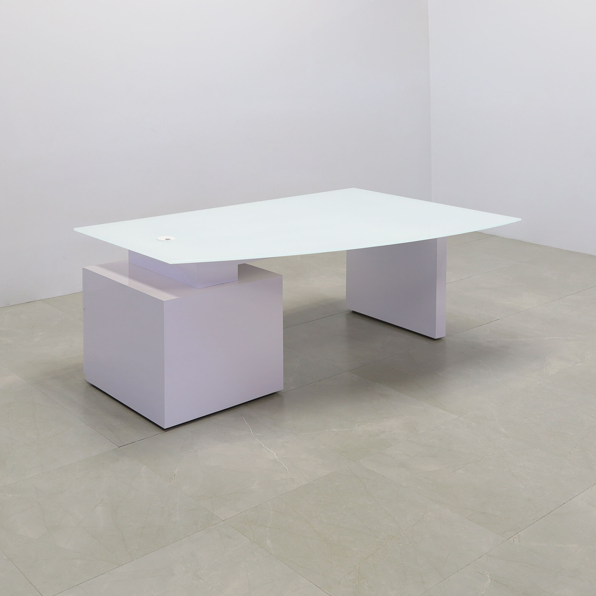 72-inch Avenue Curved Executive Desk in 1/2" white tempered glass top and white gloss laminate base & cabinet on the right side when sitting, shown here.