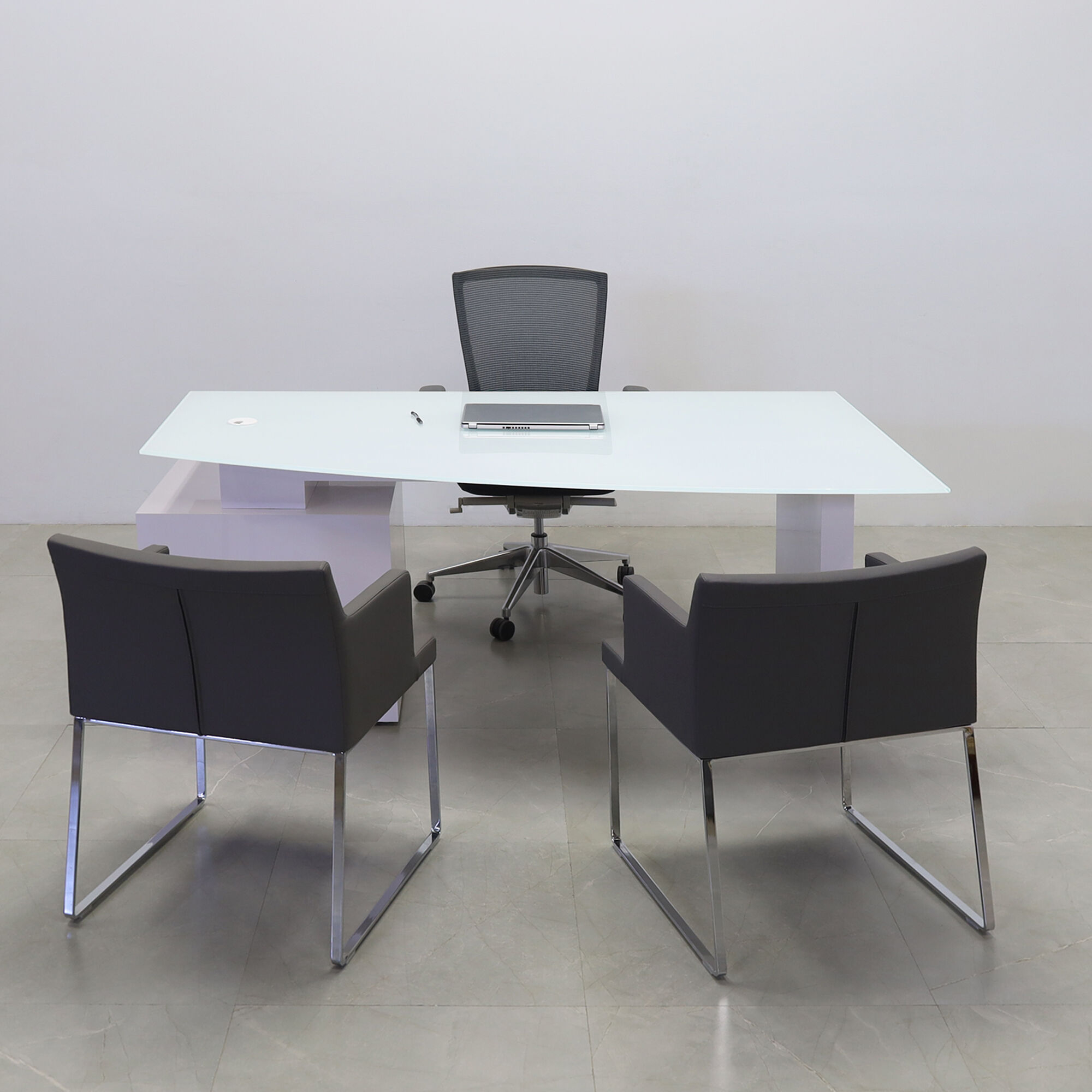 72-inch Avenue Curved Executive Desk in 1/2" white tempered glass top and white gloss laminate base & cabinet on the right side when sitting, shown here.