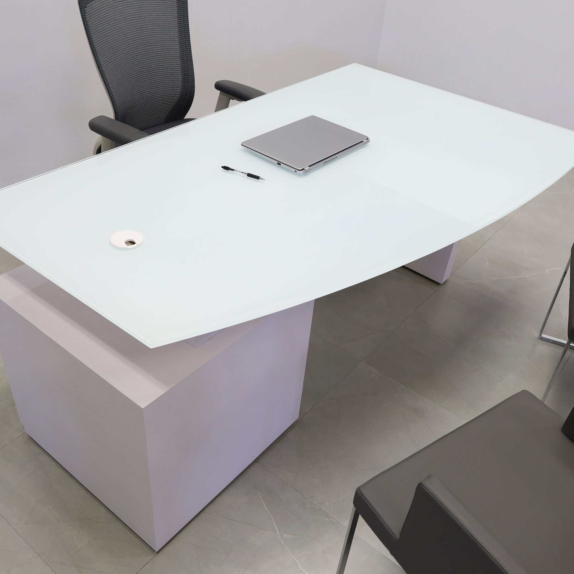 72-inch Avenue Curved Executive Desk in 1/2" white tempered glass top and white gloss laminate base & cabinet on the right side when sitting, shown here.