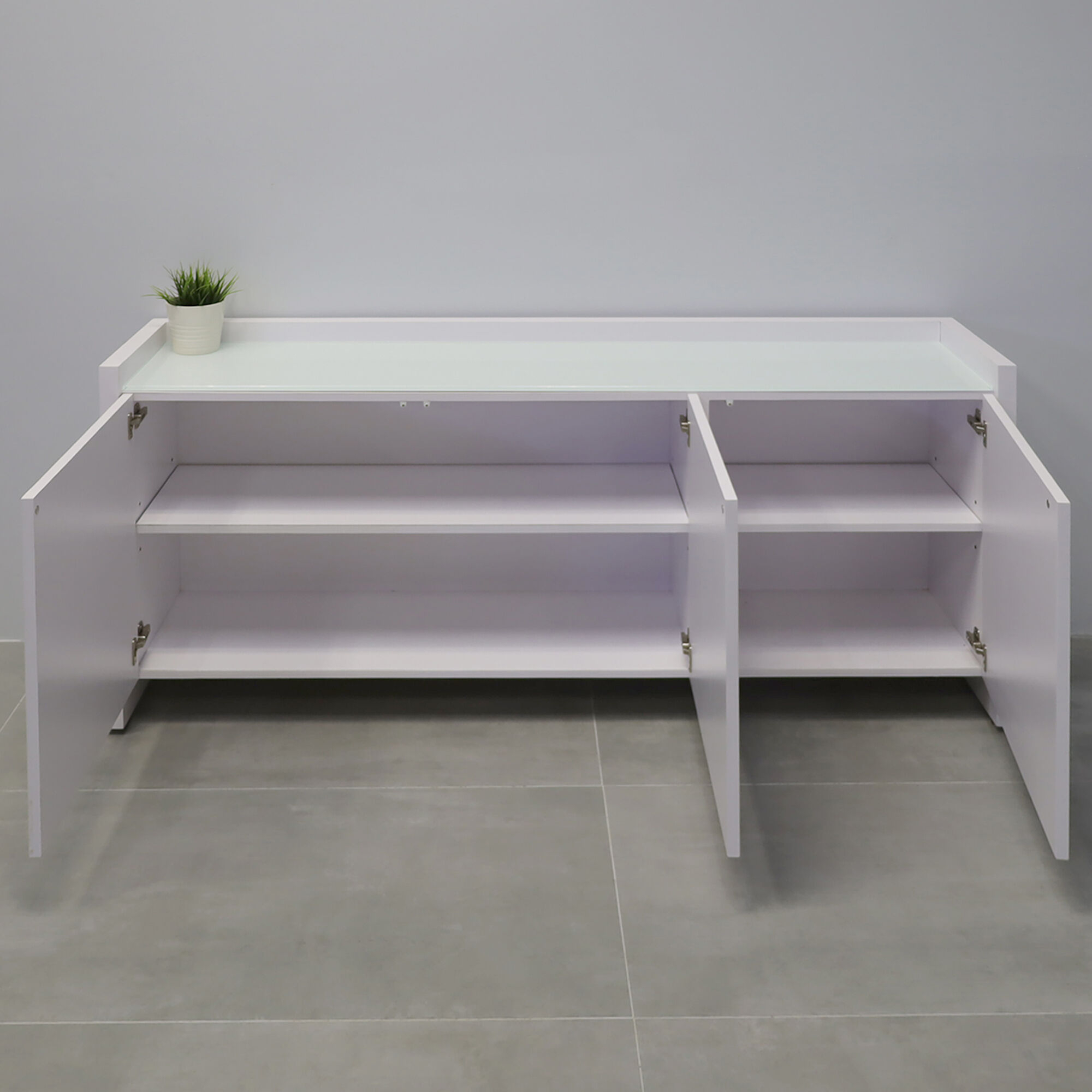 72-inch Aspen Storage Credenza in 1/2-inch white tempered glass top, and white gloss laminate credenza & doors.
