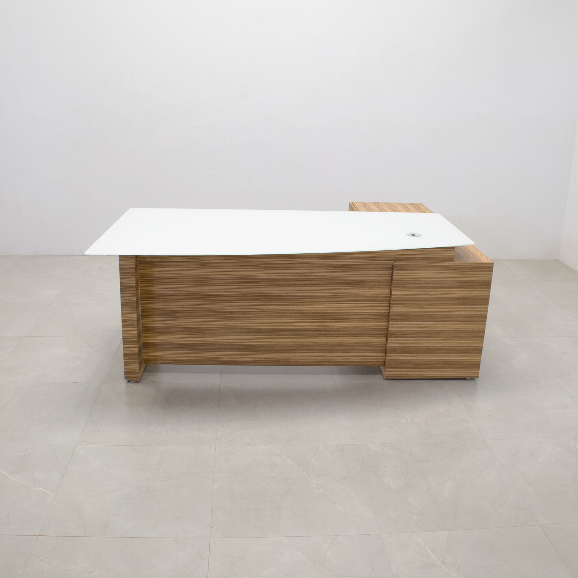 72-inch Avenue Curved Executive Desk with credenza on the left side when sitting, with 1/2" white tempered glass top, zebrawood veneer base, credenza & privacy panel, shown here.