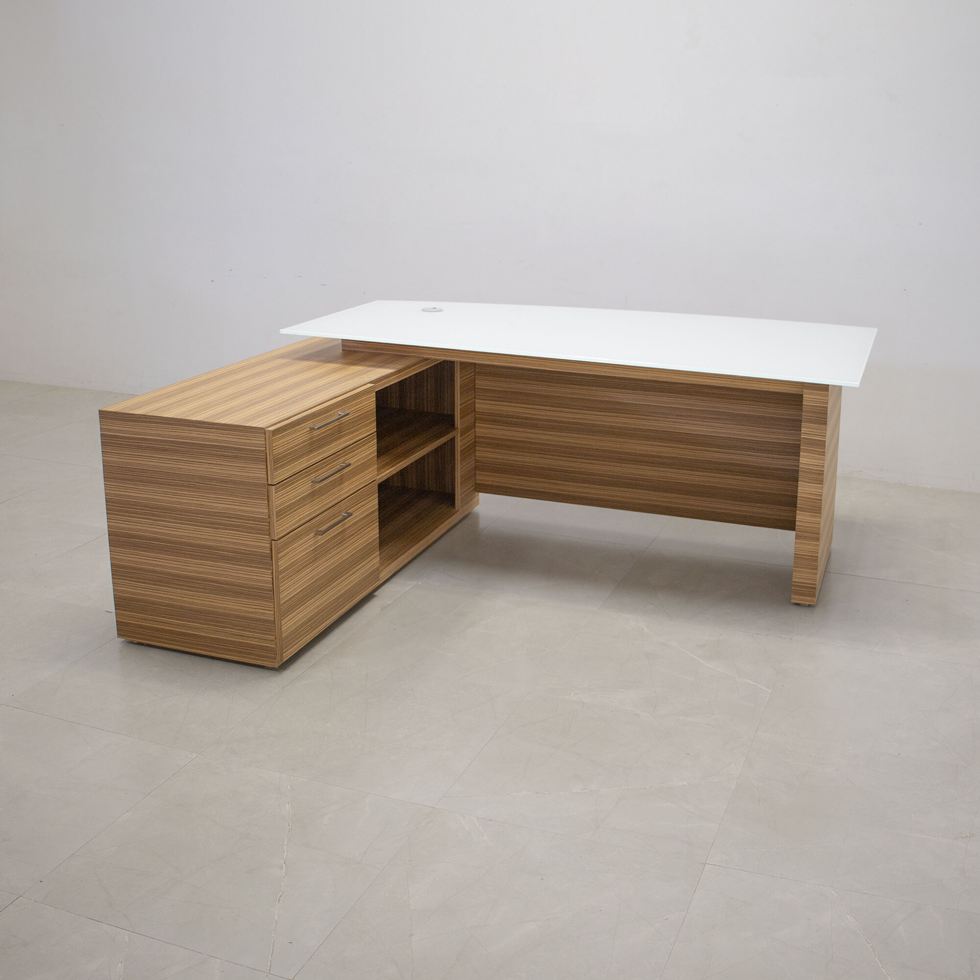 72-inch Avenue Curved Executive Desk with credenza on the left side when sitting, with 1/2" white tempered glass top, zebrawood veneer base, credenza & privacy panel, shown here.