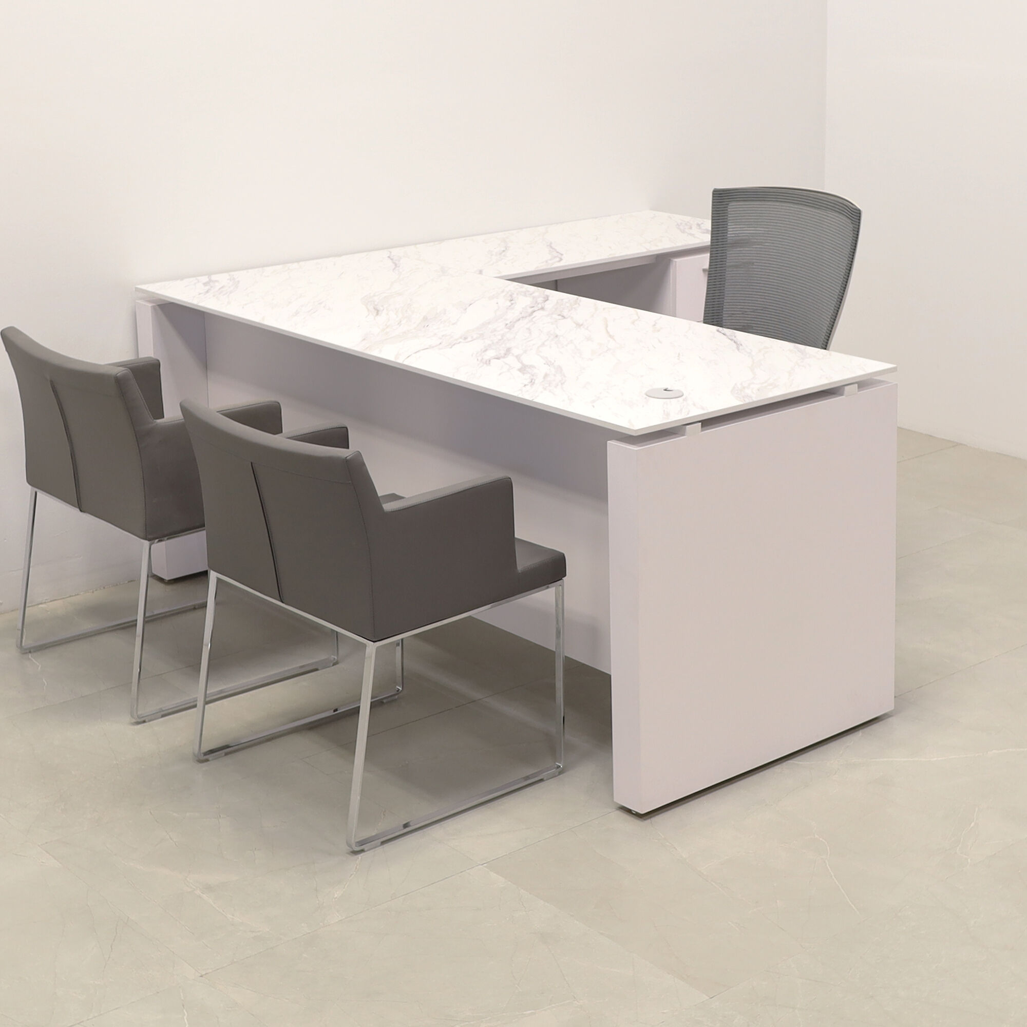 72-inch Denver L-Shape Executive Desk with return & cabinet on left side when sitting, in 1/2" calcutta blanc engineered surface top, white matte laminate base, cabinet & privacy panel, shown here.
