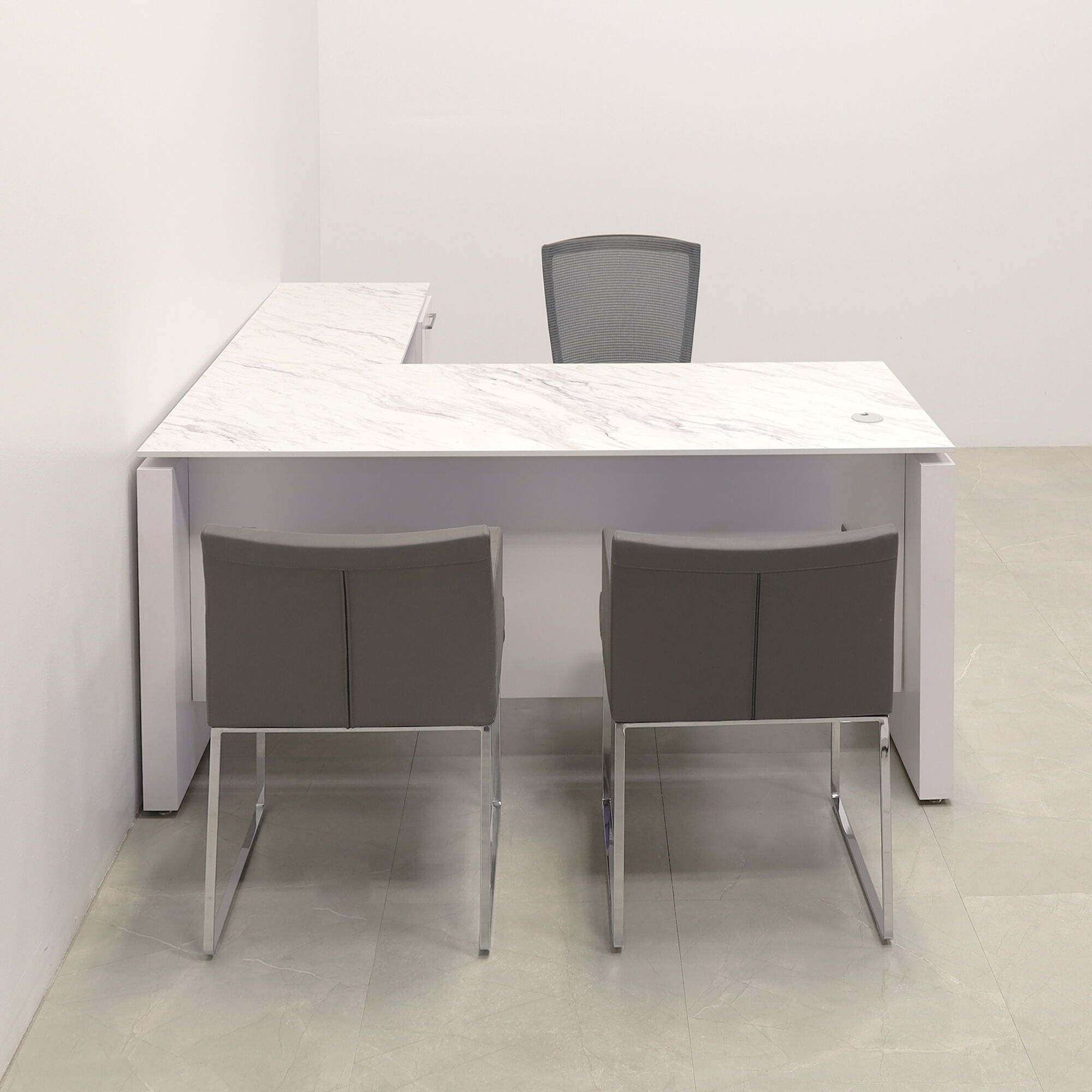 72-inch Denver L-Shape Executive Desk with return & cabinet on left side when sitting, in 1/2" calcutta blanc engineered surface top, white matte laminate base, cabinet & privacy panel, shown here.