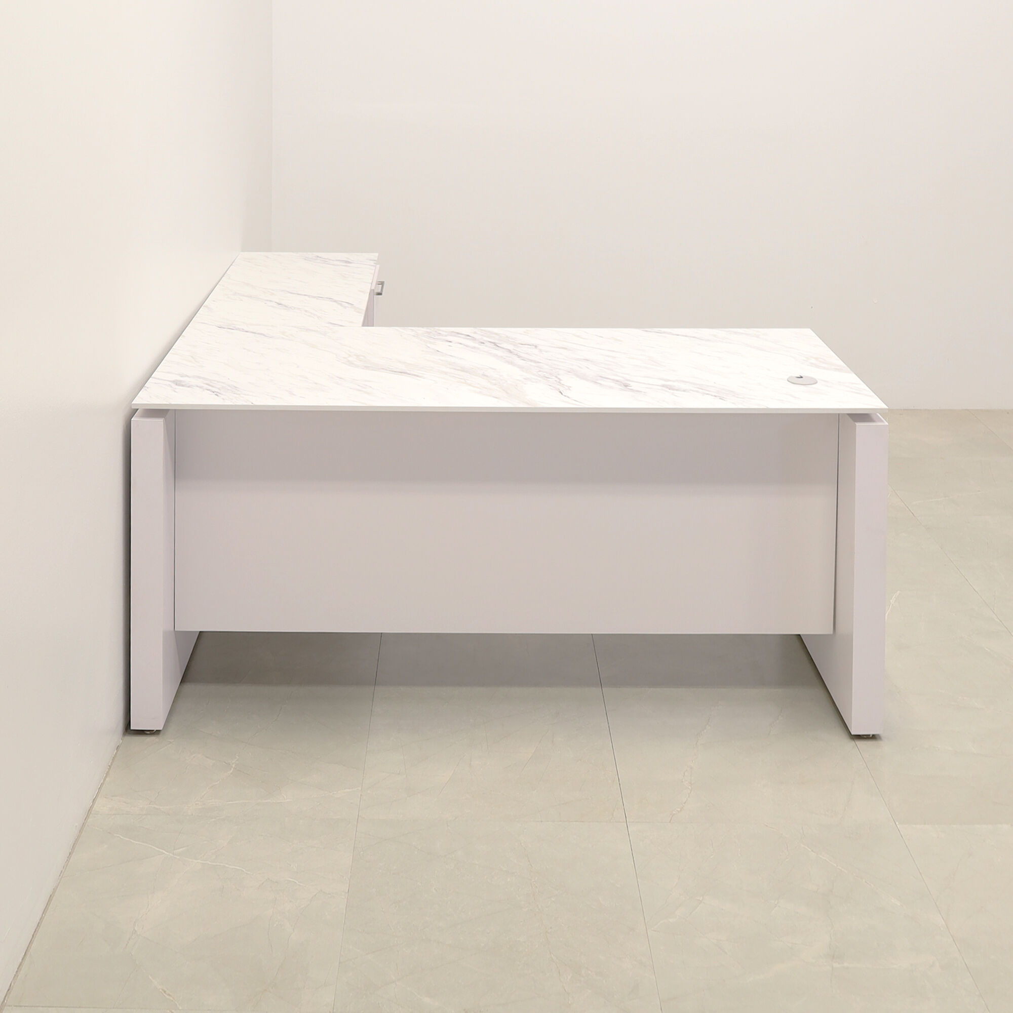 72-inch Denver L-Shape Executive Desk with return & cabinet on left side when sitting, in 1/2" calcutta blanc engineered surface top, white matte laminate base, cabinet & privacy panel, shown here.