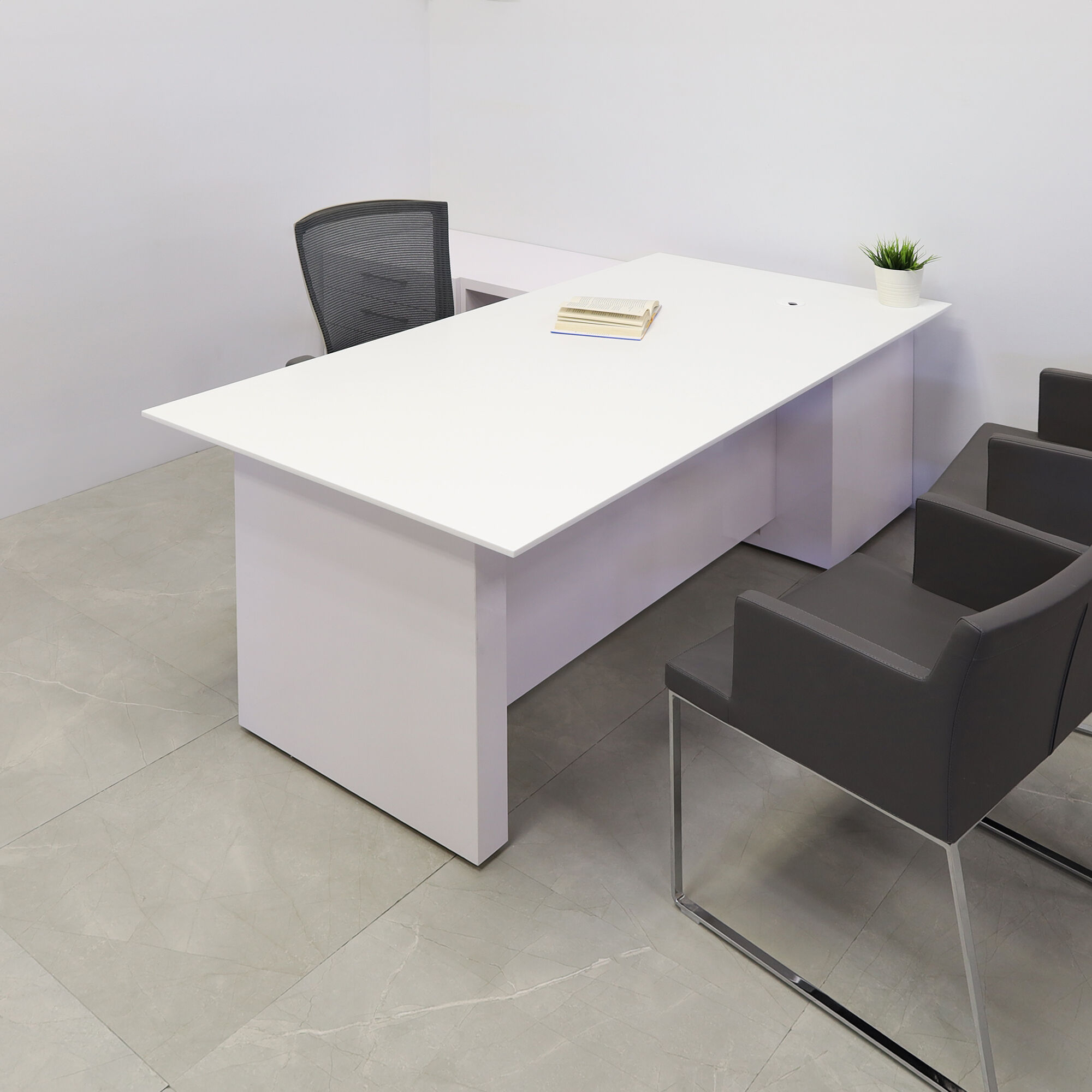 72-inch Avenue Straight W/ Cabinet Executive Desk in 1/2-inch white solid engineered surface top, and white gloss laminate base and credenza.