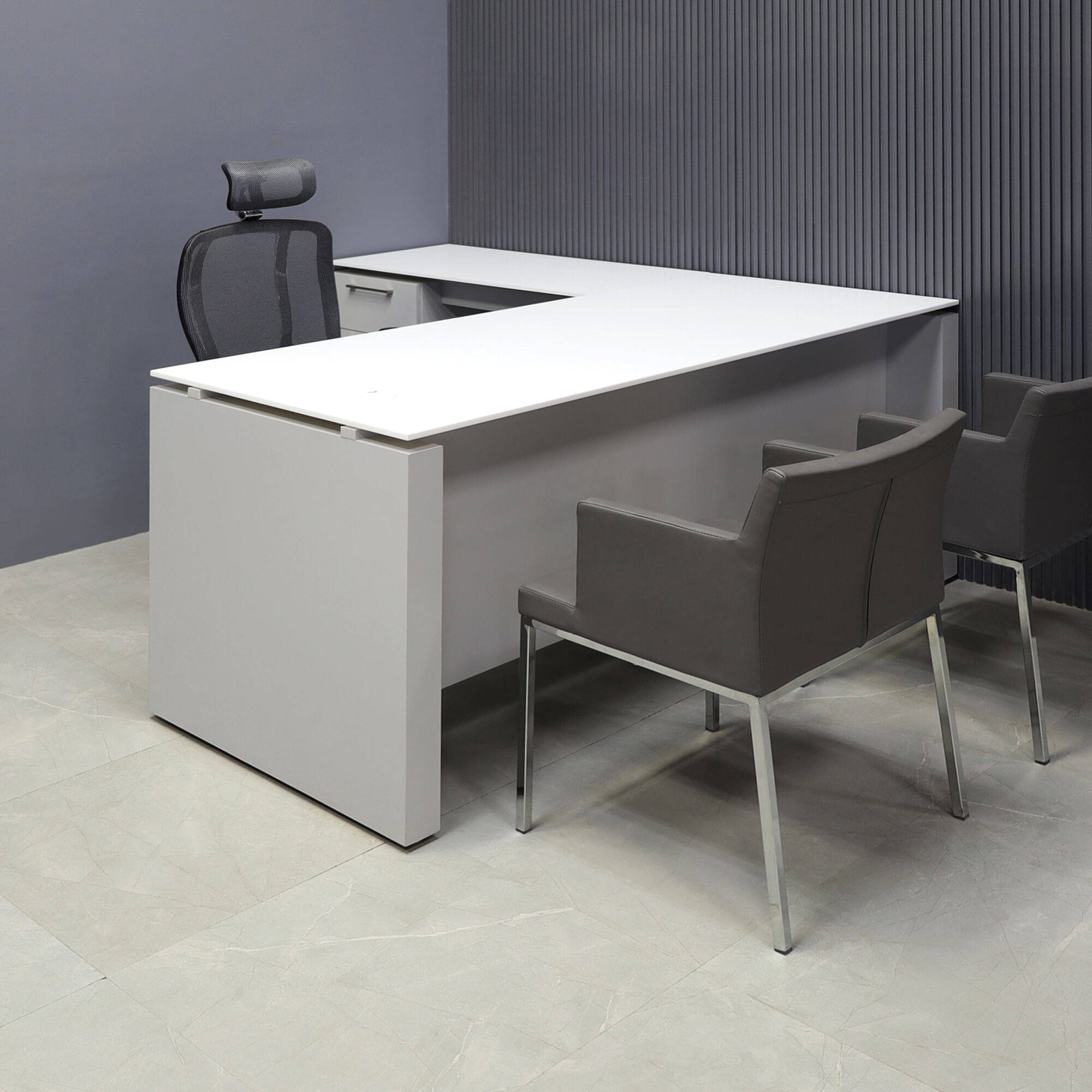 Denver L-Shape Executive Desk with Cabinet in White Solid Engineered Surface Top - 72 In. - Stock #34
