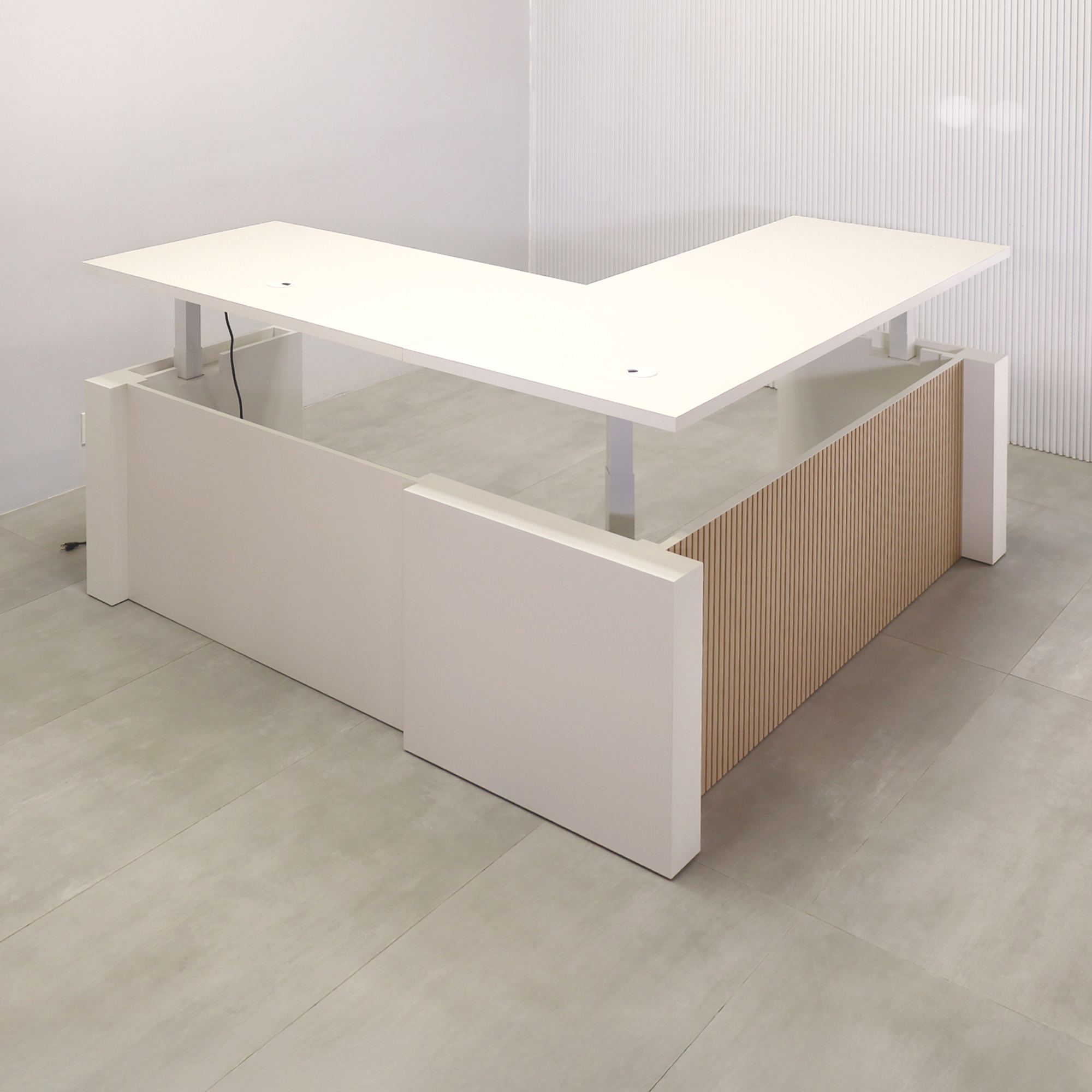 80-inch Denver L-Shape with Sit-Stand Mechanism and Dover Off-White matte laminate Top, Dover Off-White matte laminate Base, Washed Oak & Natural tabour privacy panel, and White metal powder coated legs.
