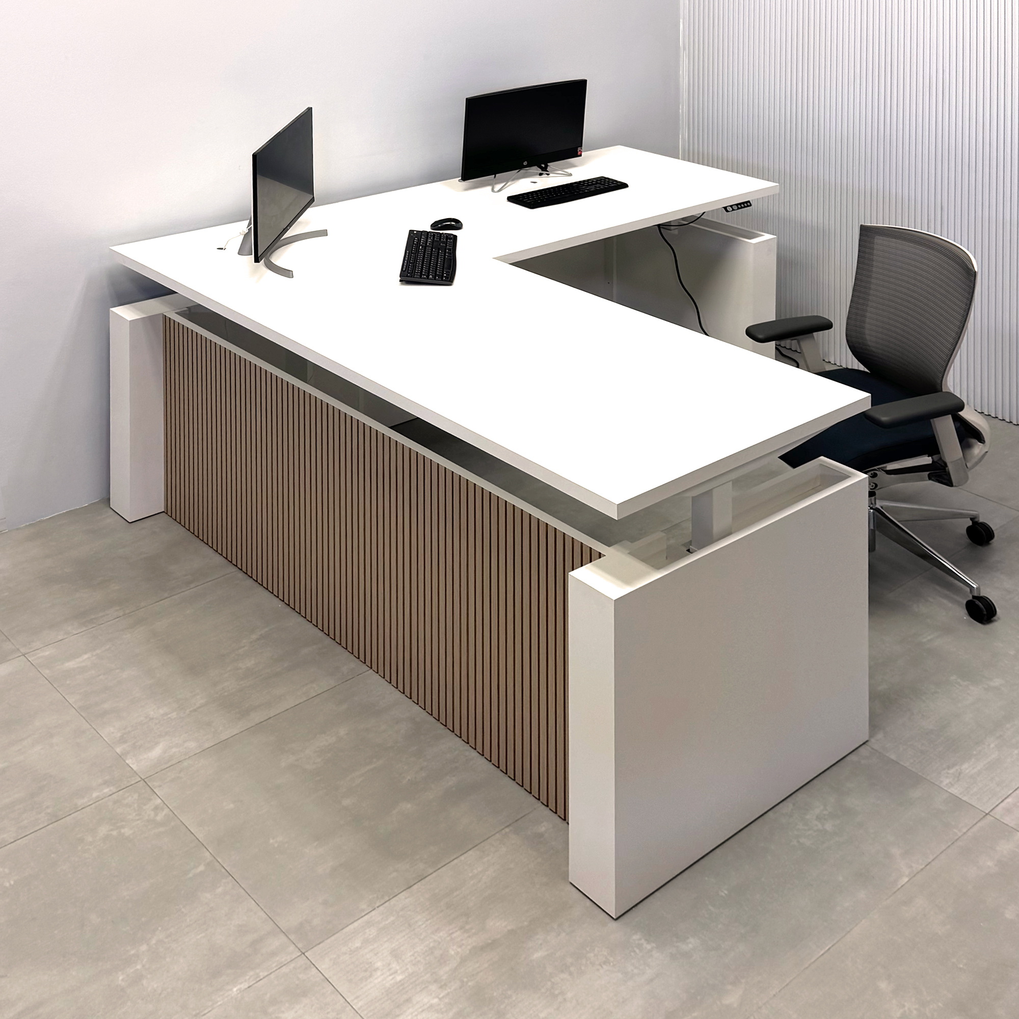 Denver L-Shape with Sit Stand Mechanism with Dover Off White Top - 80 In. - Stock #72