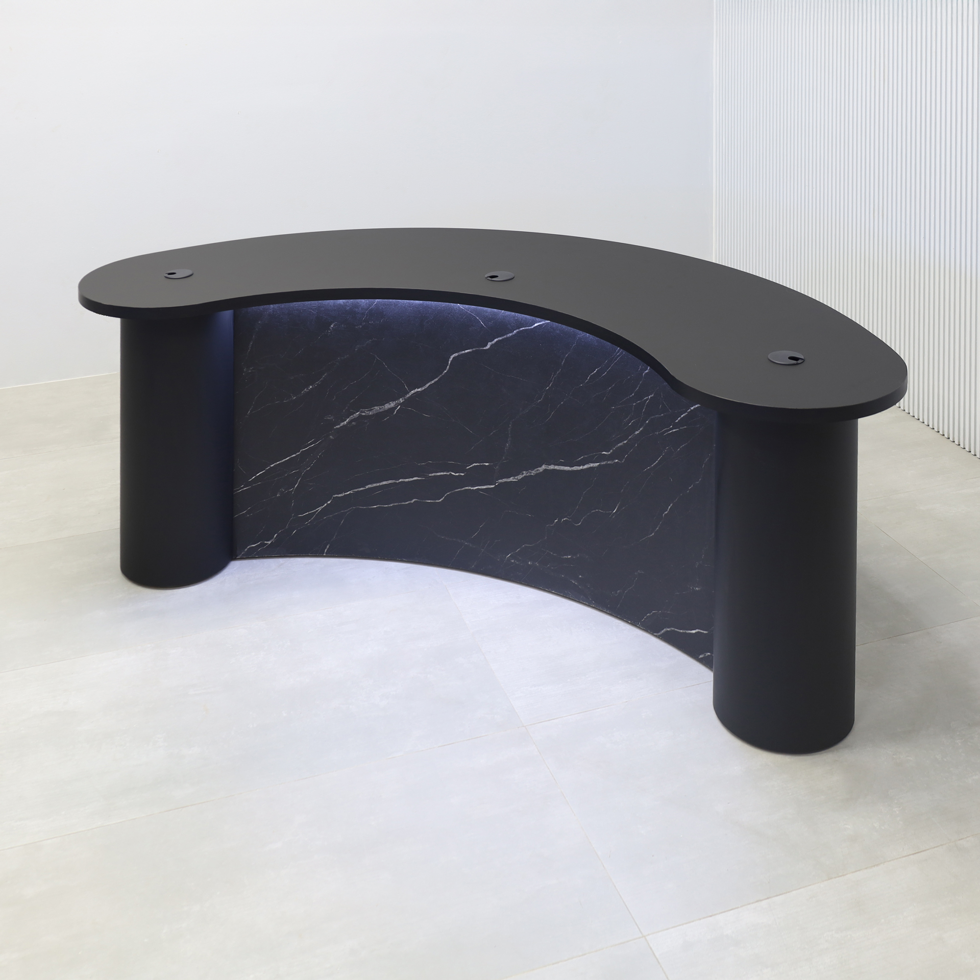 84-inch Rochester Podcast Table with Black Traceless top, Black Stone Palazzo front panel, Black Traceless column finish, and white LED.