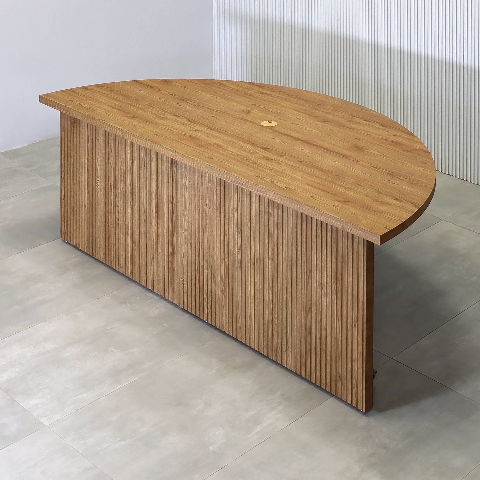 84-inch Detroit Custom Podcast Table in Spiced Chestnut Matte Laminate and Spiced Chestnut Tambour Finish.