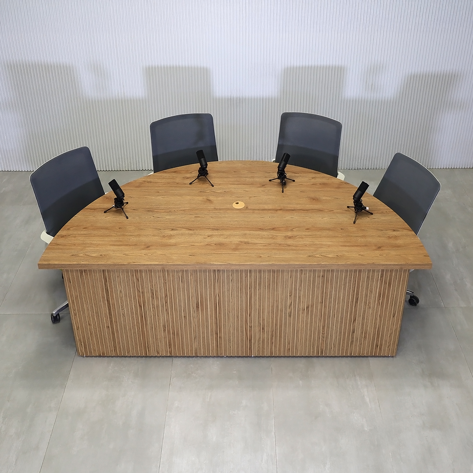 84-inch Detroit Custom Podcast Table in Spiced Chestnut Matte Laminate and Spiced Chestnut Tambour Finish.