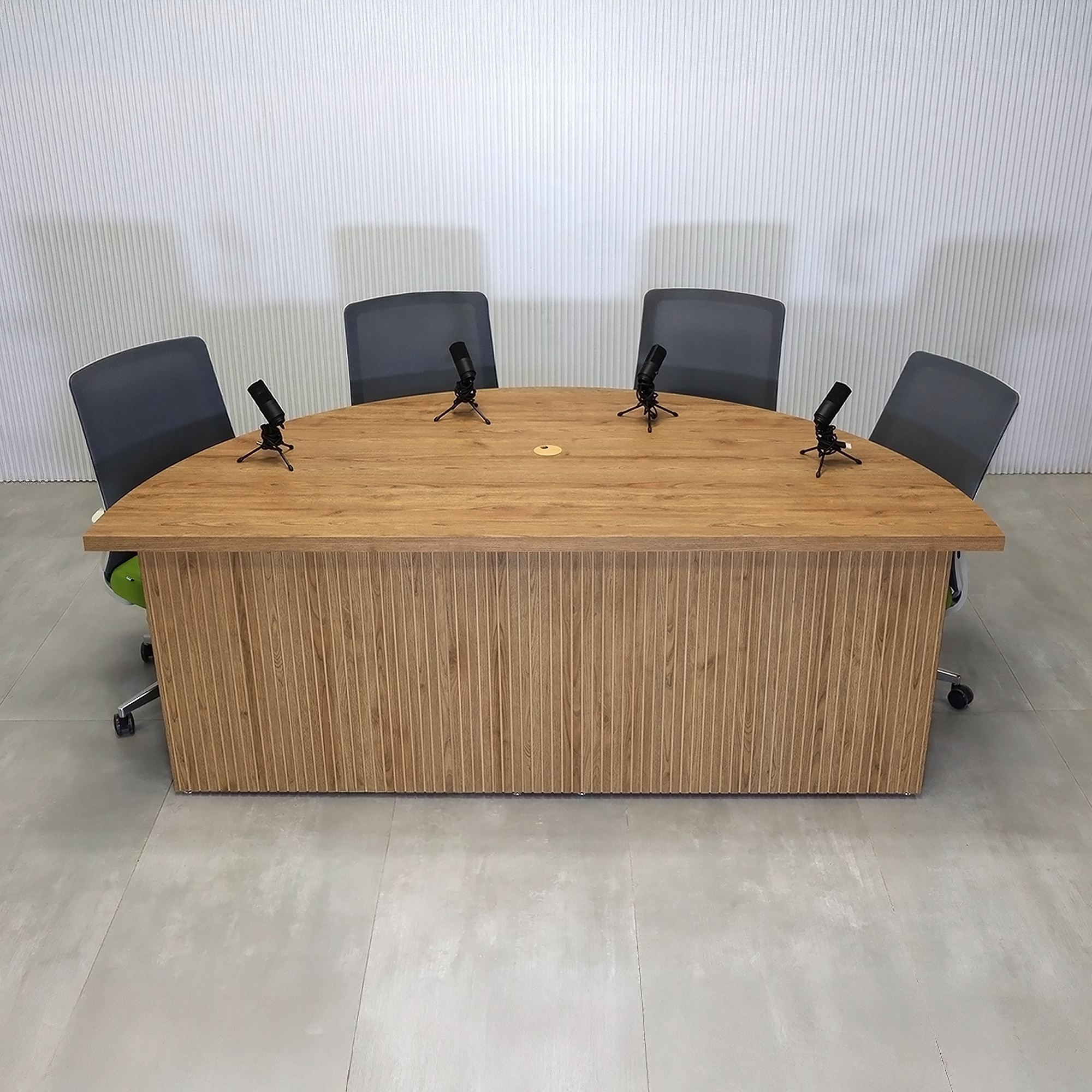 84-inch Detroit Custom Podcast Table in Spiced Chestnut Matte Laminate and Spiced Chestnut Tambour Finish.