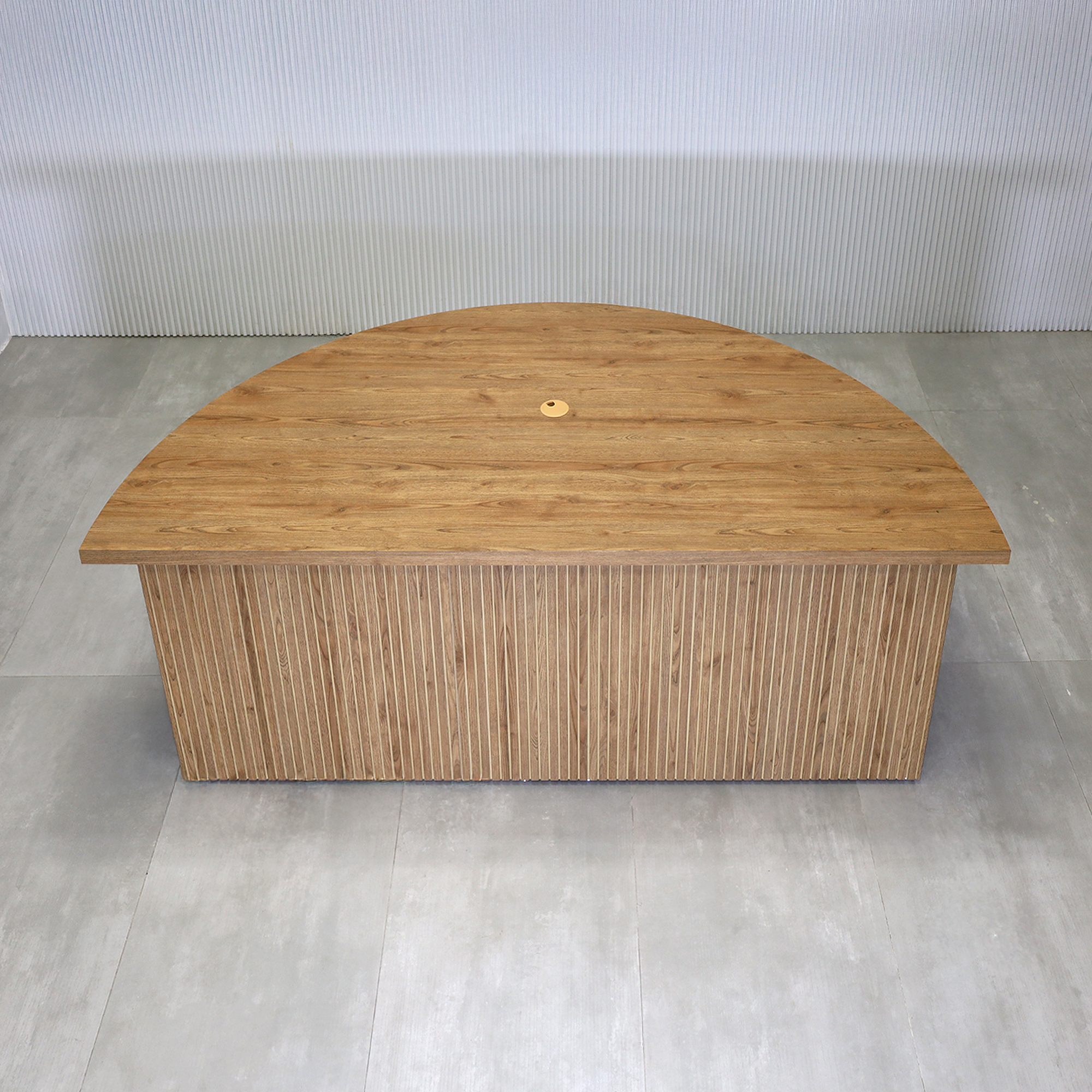 84-inch Detroit Custom Podcast Table in Spiced Chestnut Matte Laminate and Spiced Chestnut Tambour Finish.