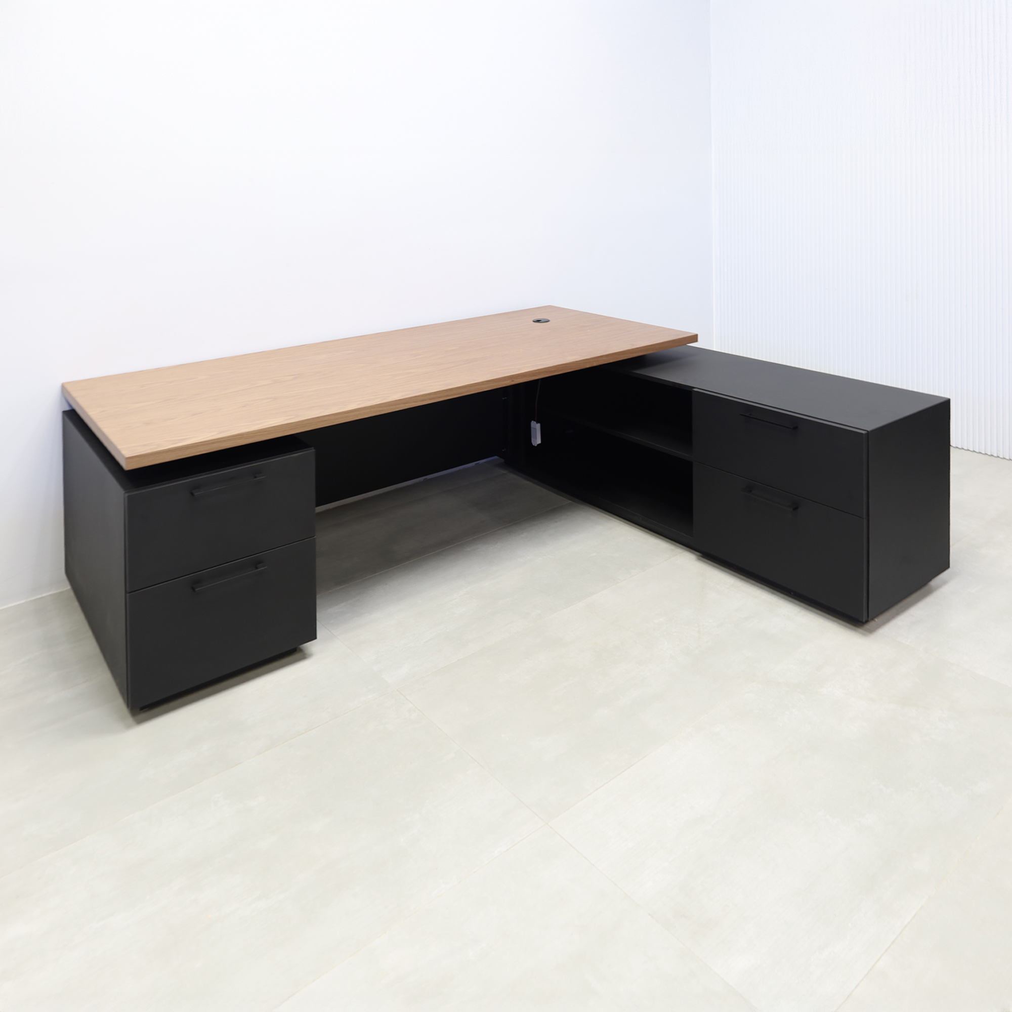84-inch Napa Executive L-Shape Desk with walnut wood veneer top, black traceless laminate main body, and black traceless laminate toe-kick.