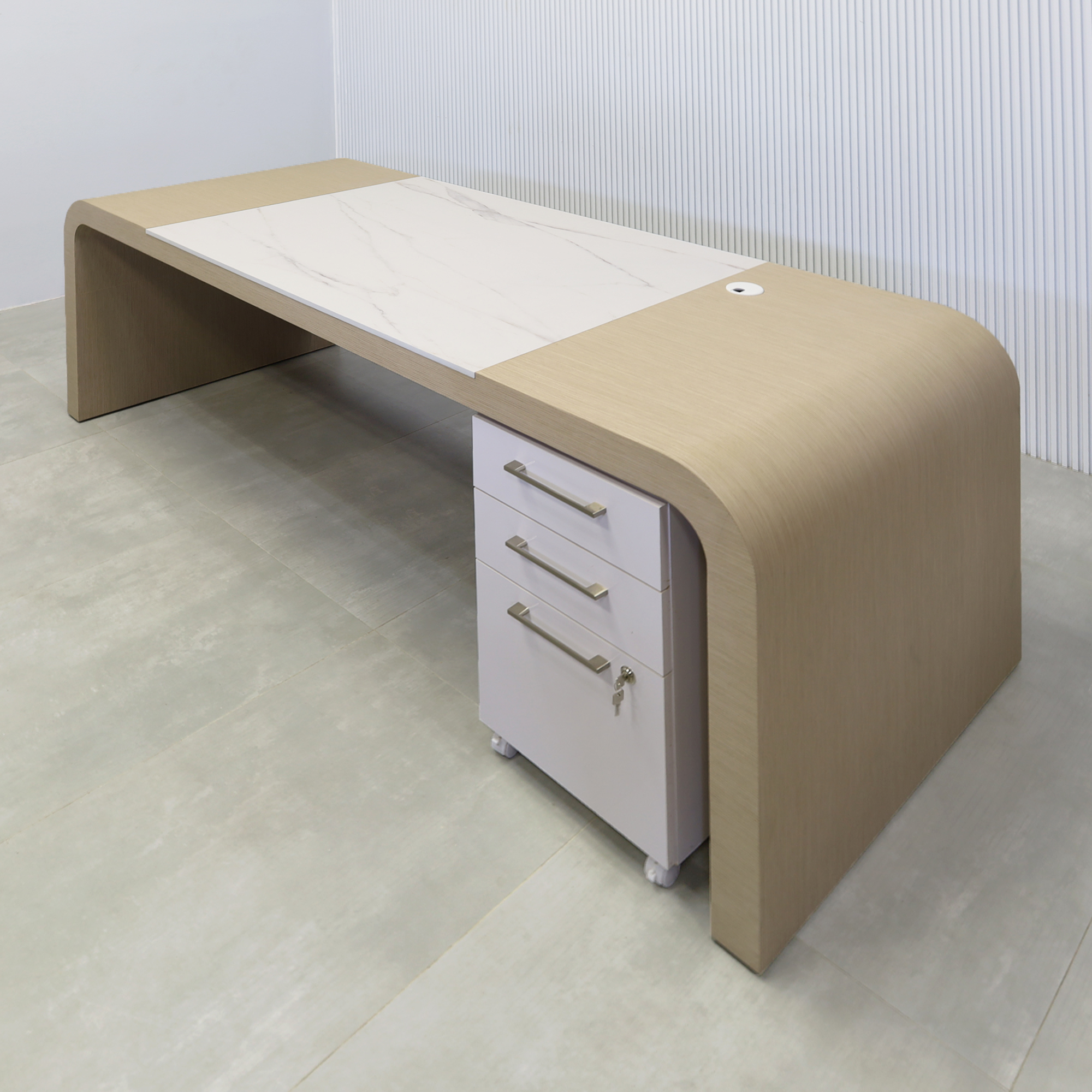 84-inch Milano Curved Executive Desk with Washed Oak Veneer main body, Solenne Marble Engineered Surface workspace top, and Washed Oak Veneer privacy panel.