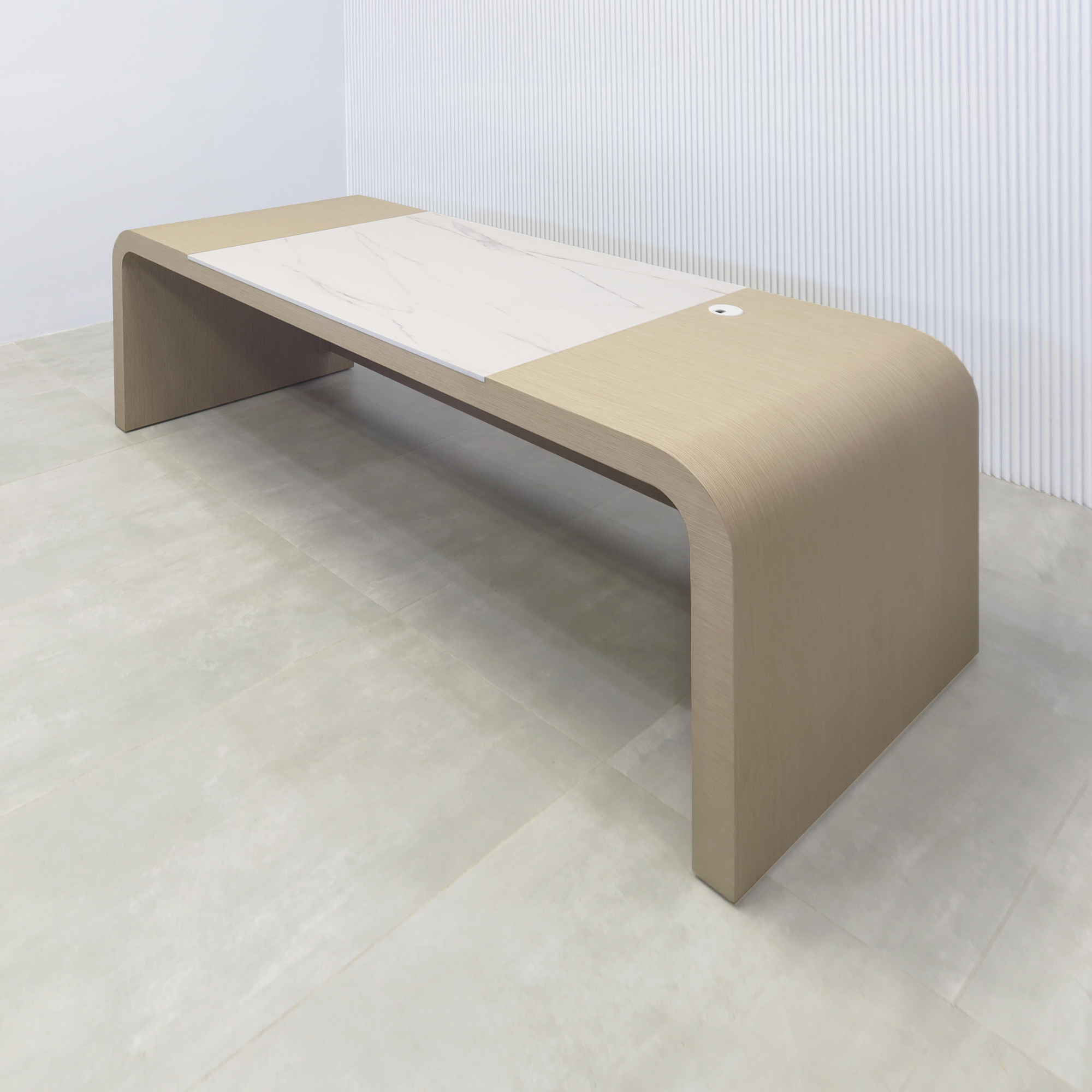 84-inch Milano Curved Executive Desk with Washed Oak Veneer main body, Solenne Marble Engineered Surface workspace top, and Washed Oak Veneer privacy panel.