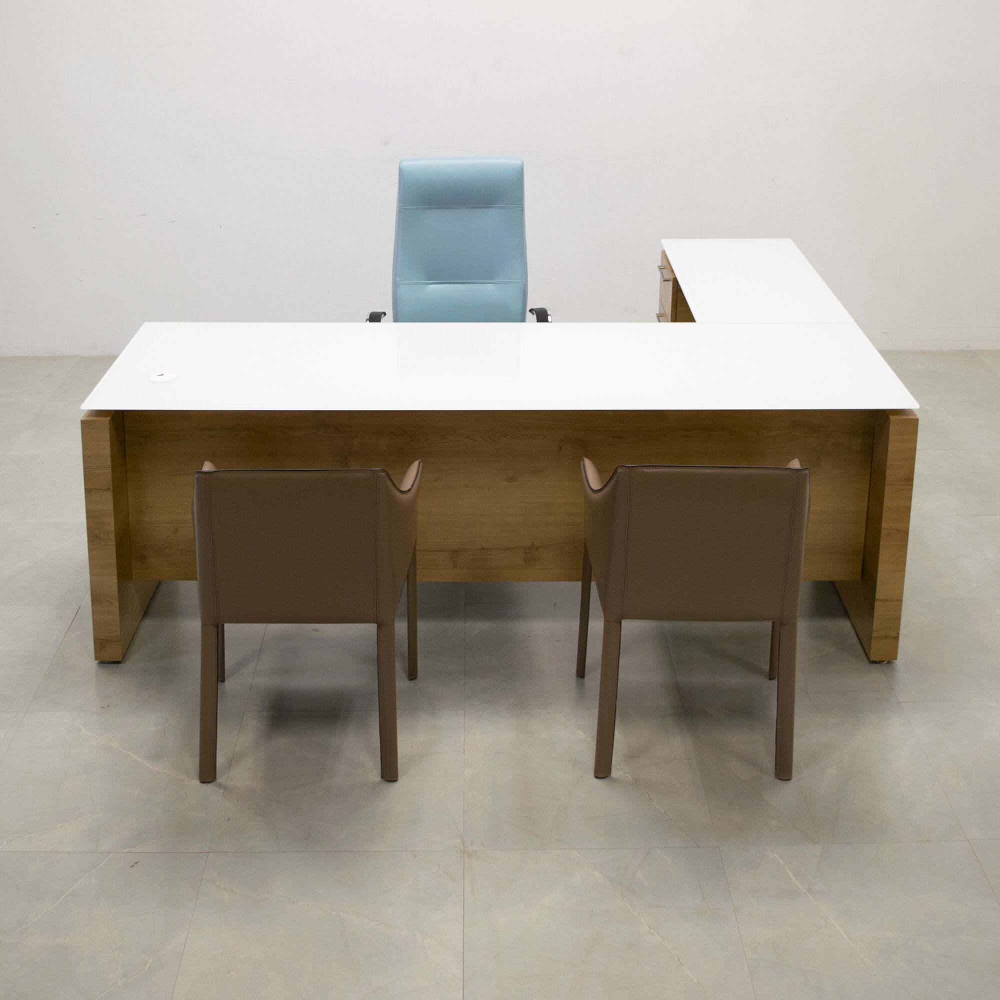 84-inch Denver L-Shape Executive Desk with return & cabinet on the left side when sitting, in 1/2" white tempered glass top, planked urban oak matte laminate base, cabinet & privacy panel, shown here.