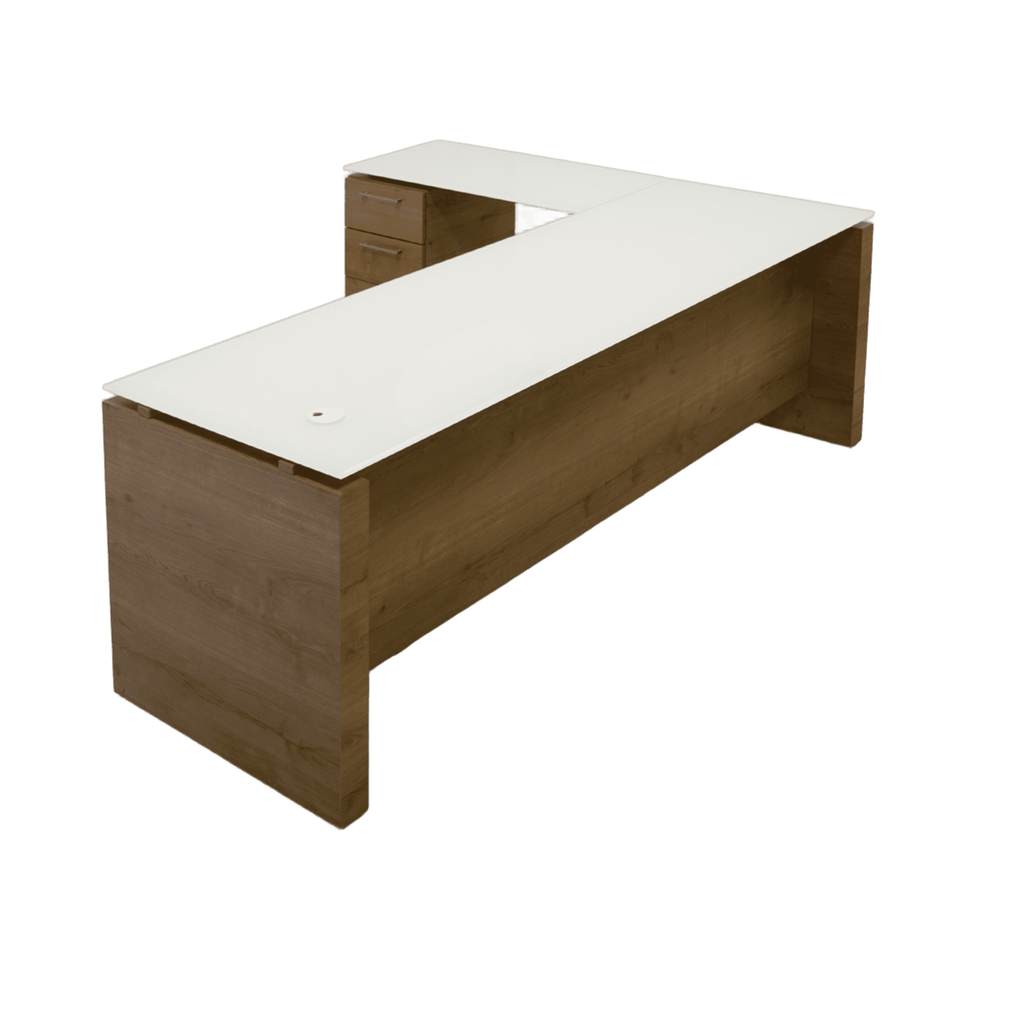 84-inch Denver L-Shape Executive Desk with return & cabinet on the left side when sitting, in 1/2" white tempered glass top, planked urban oak matte laminate base, cabinet & privacy panel, shown here.