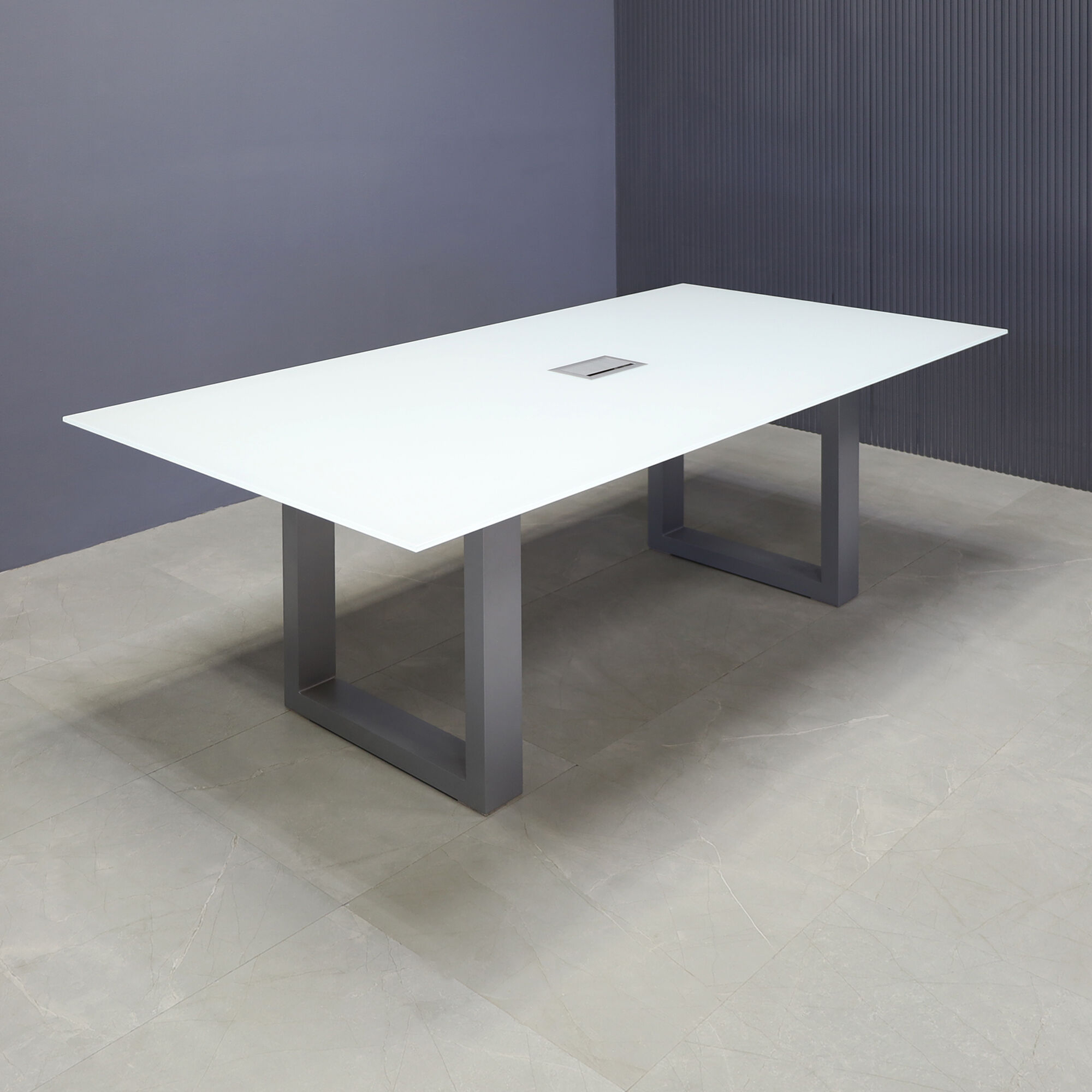 84-inch Omaha Rectangular Conference Table in 1/2-inch white tempered glass top, with metal u-legs powder coated in silver, and silver MX3 power box.