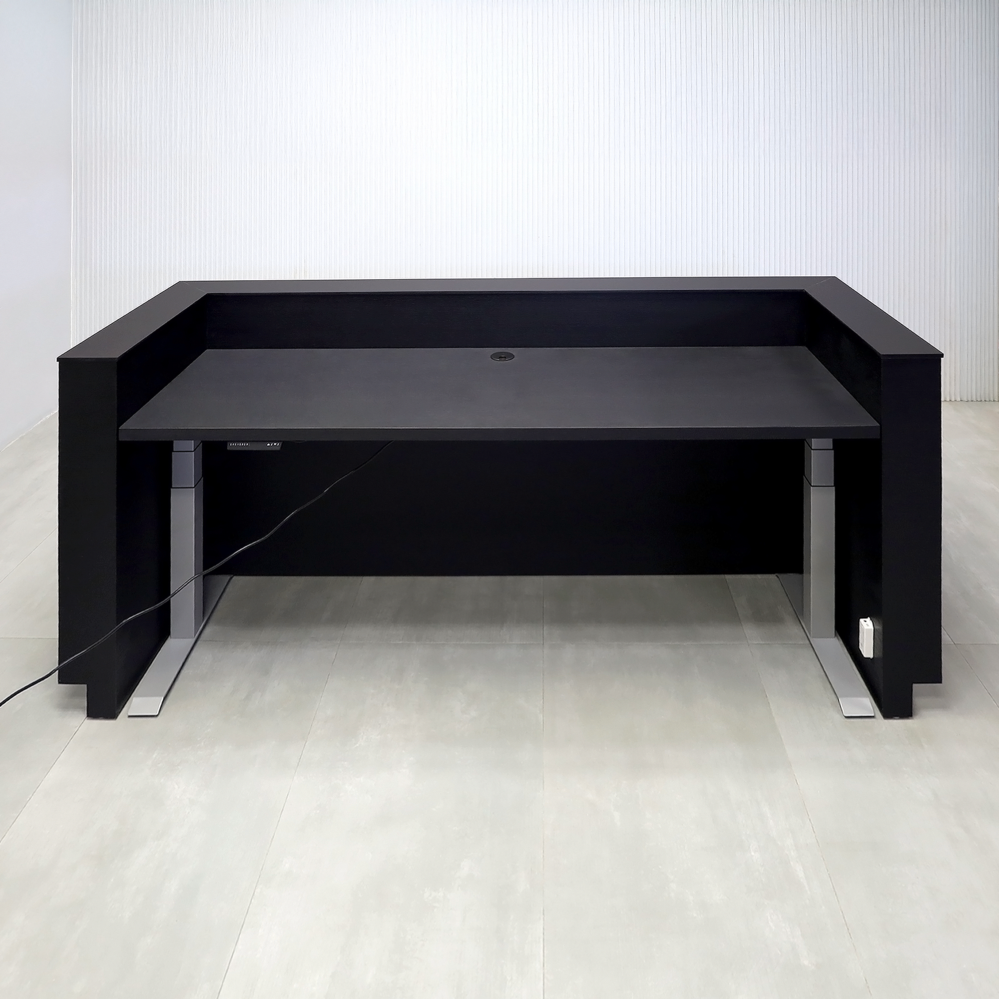 90-inch Pensacola U-Shape Reception Desk with Black Cinder matte laminate desk and toe-kick. Spiced Chestnut laminate accent, Black Traceless engineered surface top, and White LED.