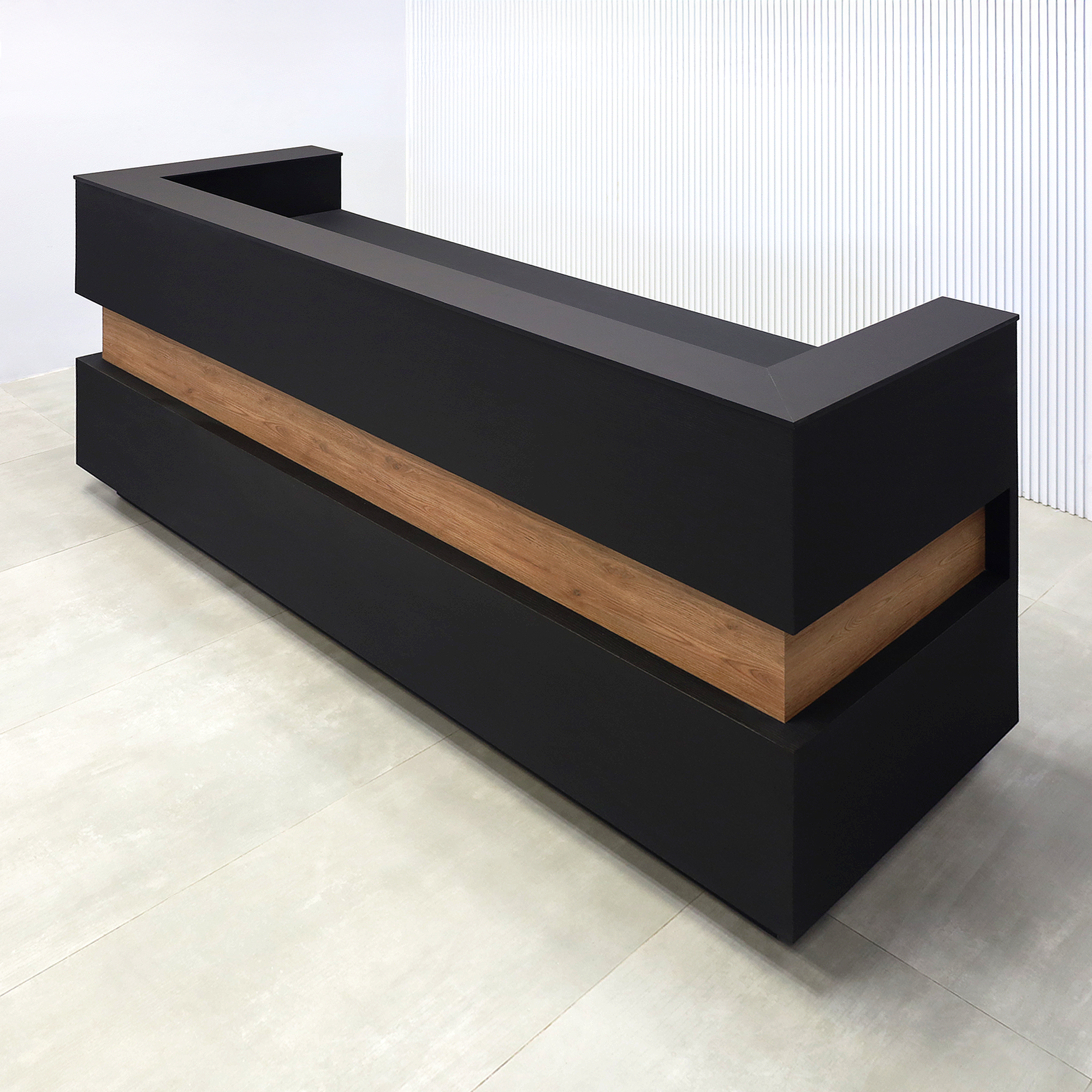 90-inch Pensacola U-Shape Reception Desk with Black Cinder matte laminate desk and toe-kick. Spiced Chestnut laminate accent, Black Traceless engineered surface top, and White LED.