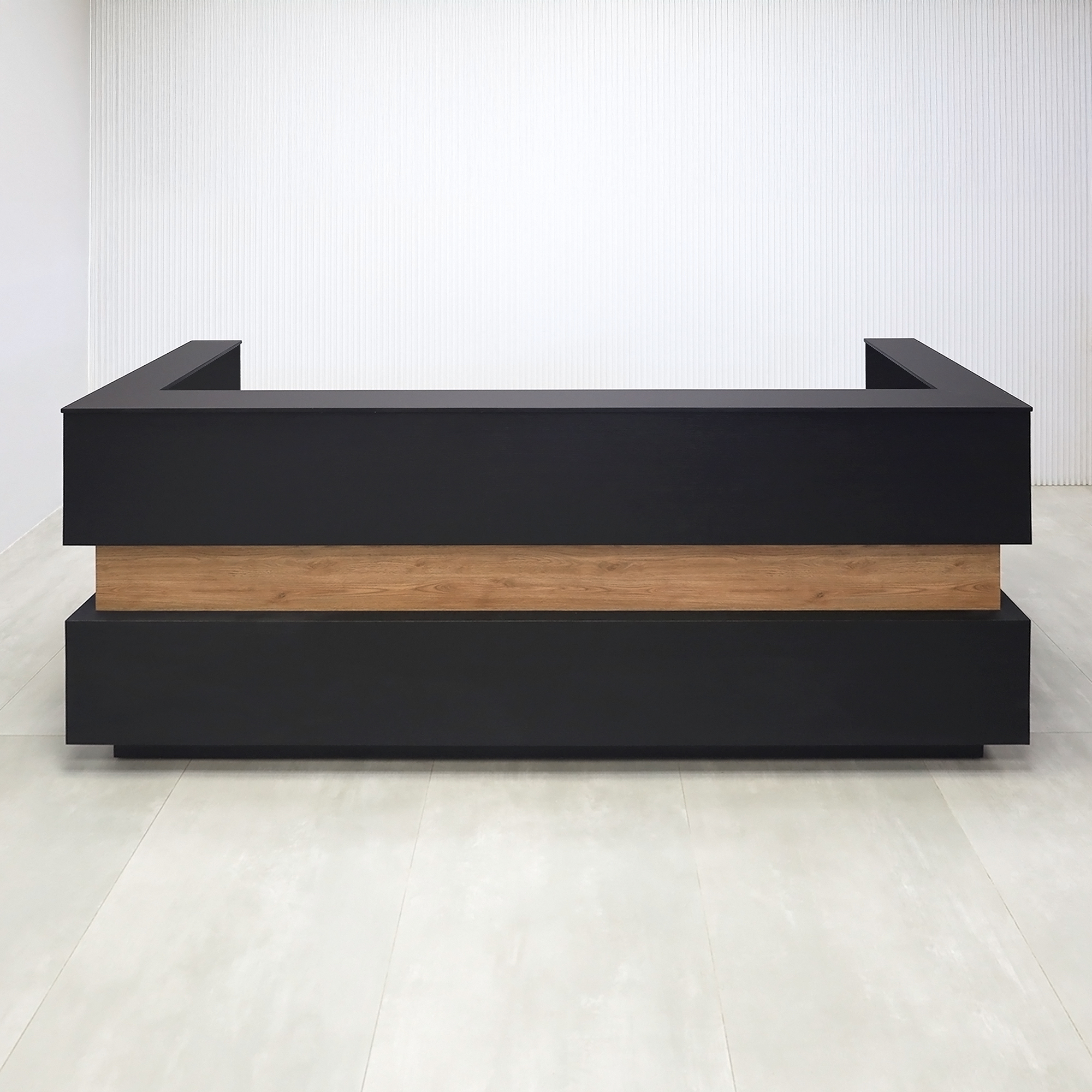 90-inch Pensacola U-Shape Reception Desk with Black Cinder matte laminate desk and toe-kick. Spiced Chestnut laminate accent, Black Traceless engineered surface top, and White LED.