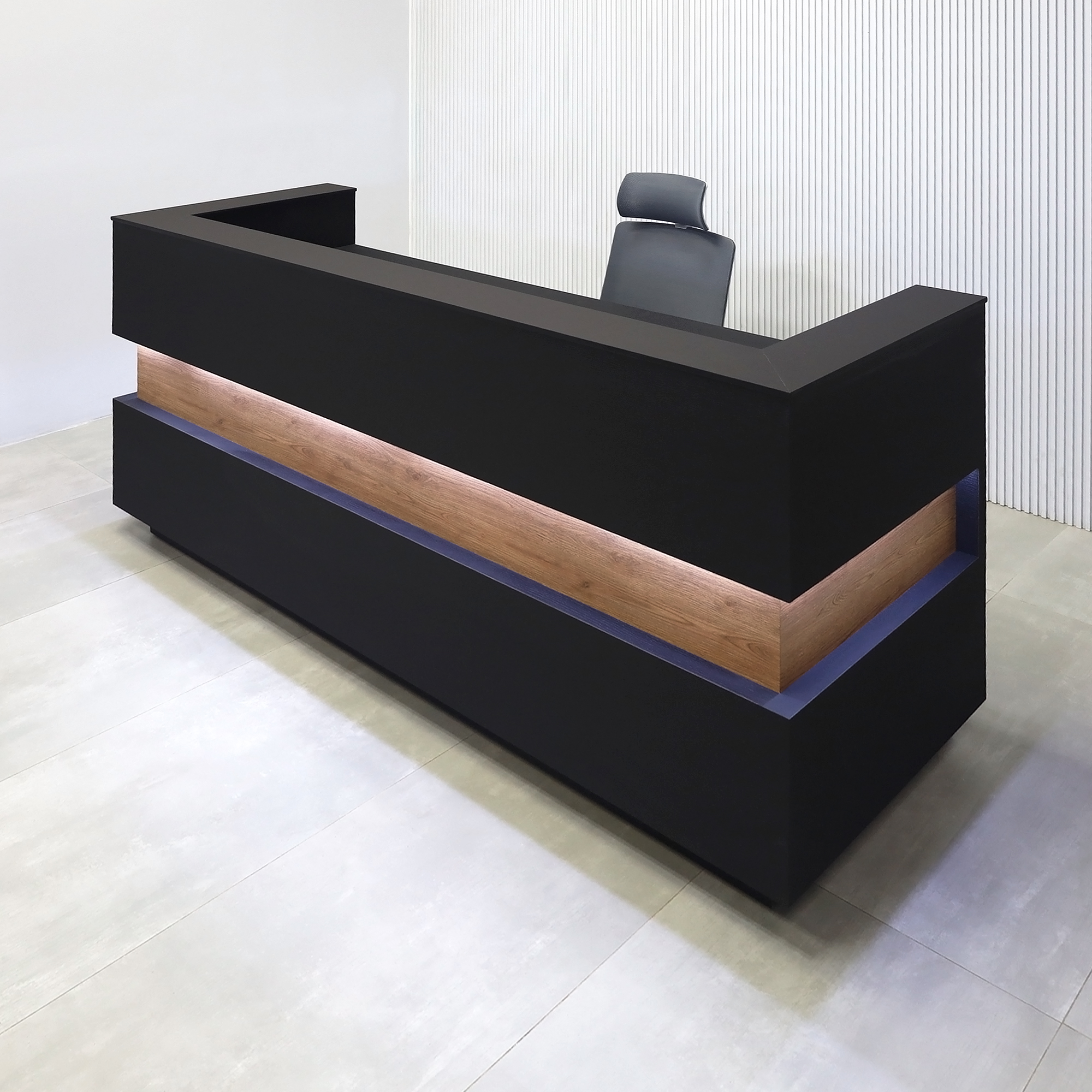 90-inch Pensacola U-Shape Reception Desk with Black Cinder matte laminate desk and toe-kick. Spiced Chestnut laminate accent, Black Traceless engineered surface top, and White LED.