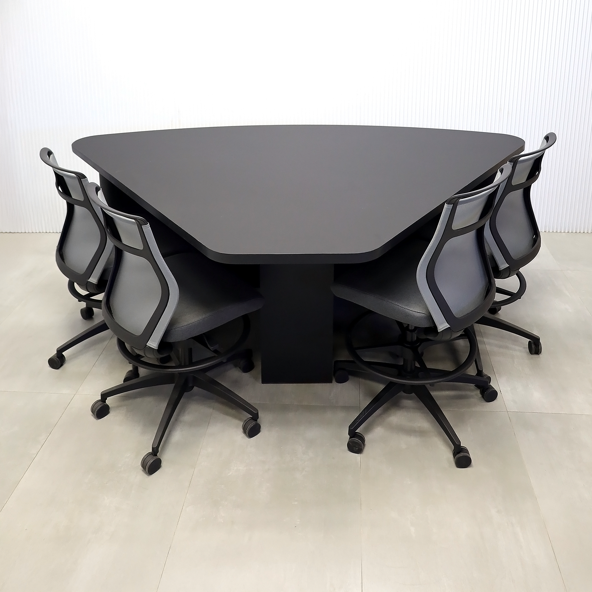 90-inch Madison Custom Podcast Table with Black Traceless laminate top, black traceless laminate base, and Colored LED.