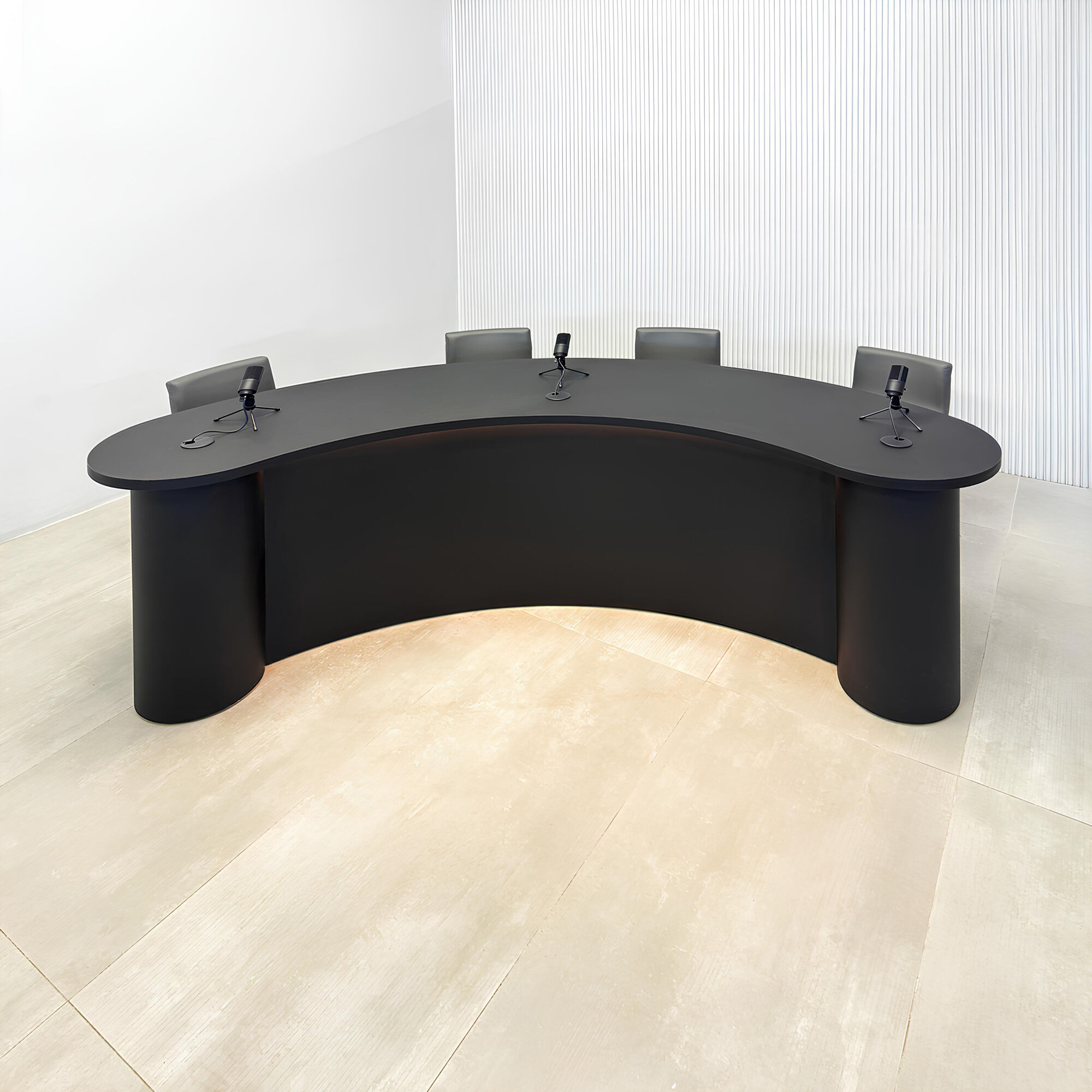 90-inch Rochester Custom Podcast Table with black traceless laminate top, black traceless laminate front of the base, black matte laminate back of the base, and warm white LED. 