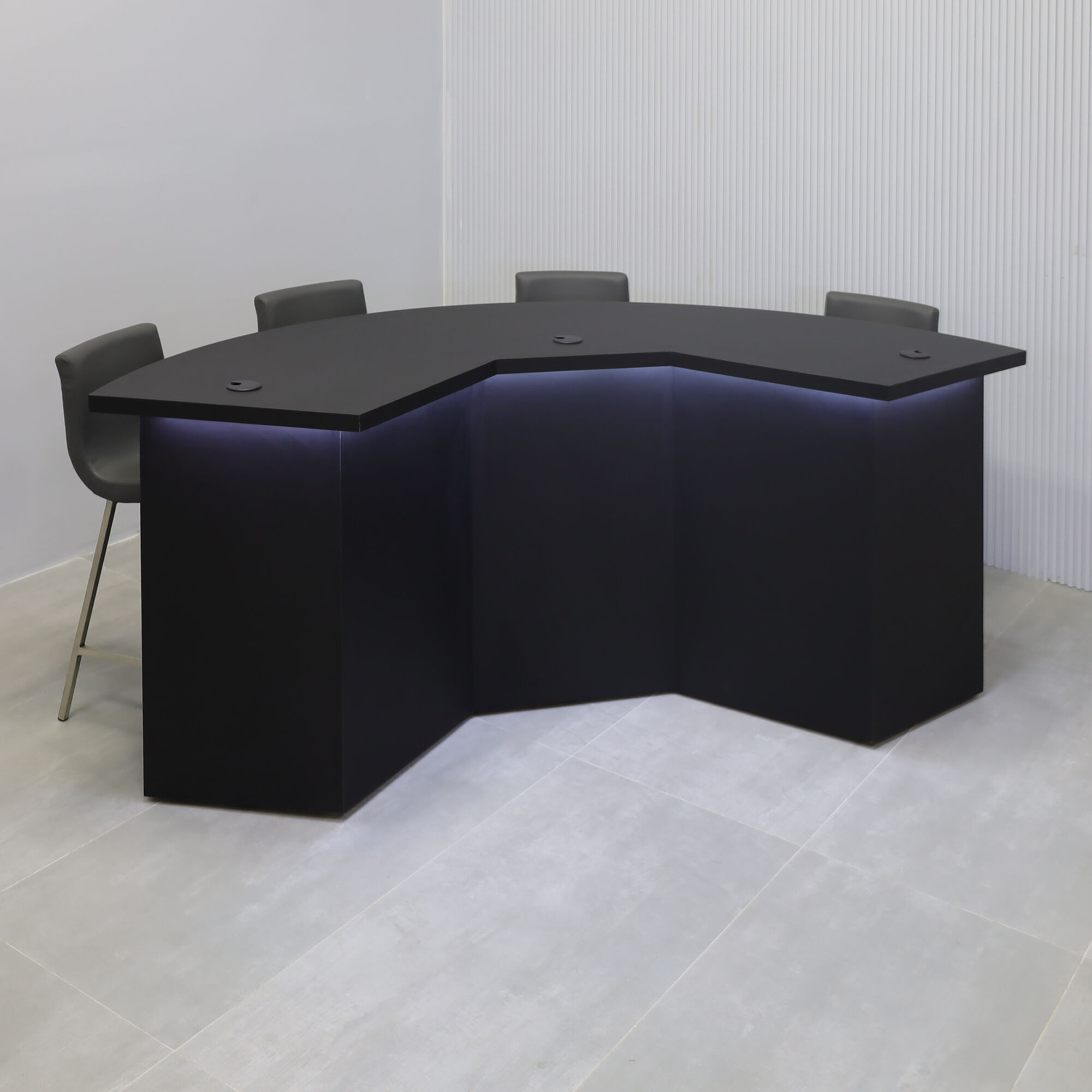 90-inch Tampa Bay Custom Handmade Podcast Table in BLACK TRACELESS laminate top & front base, and black matte laminate back base, with Color LED.