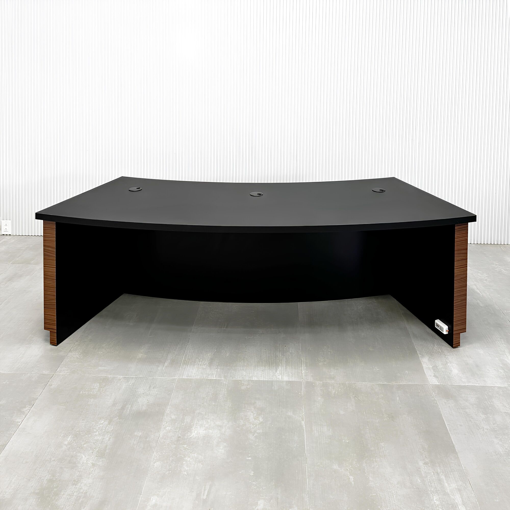 90-inch Seattle Podcast Table with black traceless top, walnut heights front, and black matte inside.