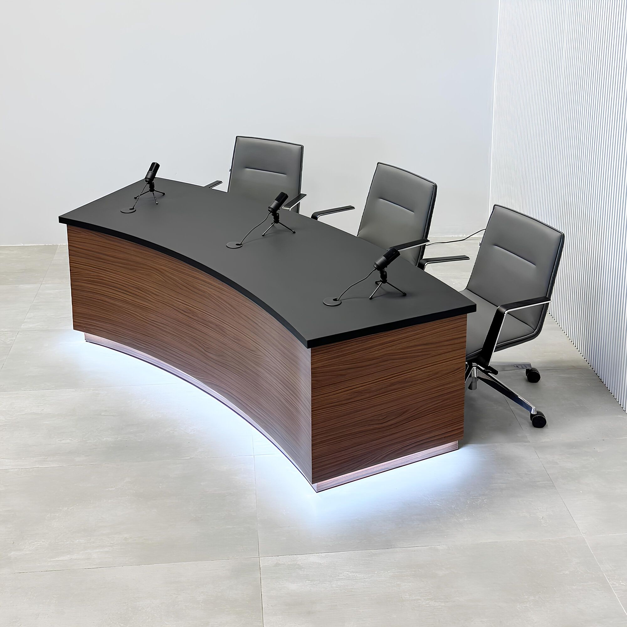 90-inch Seattle Podcast Table with black traceless top, walnut heights front, and black matte inside.