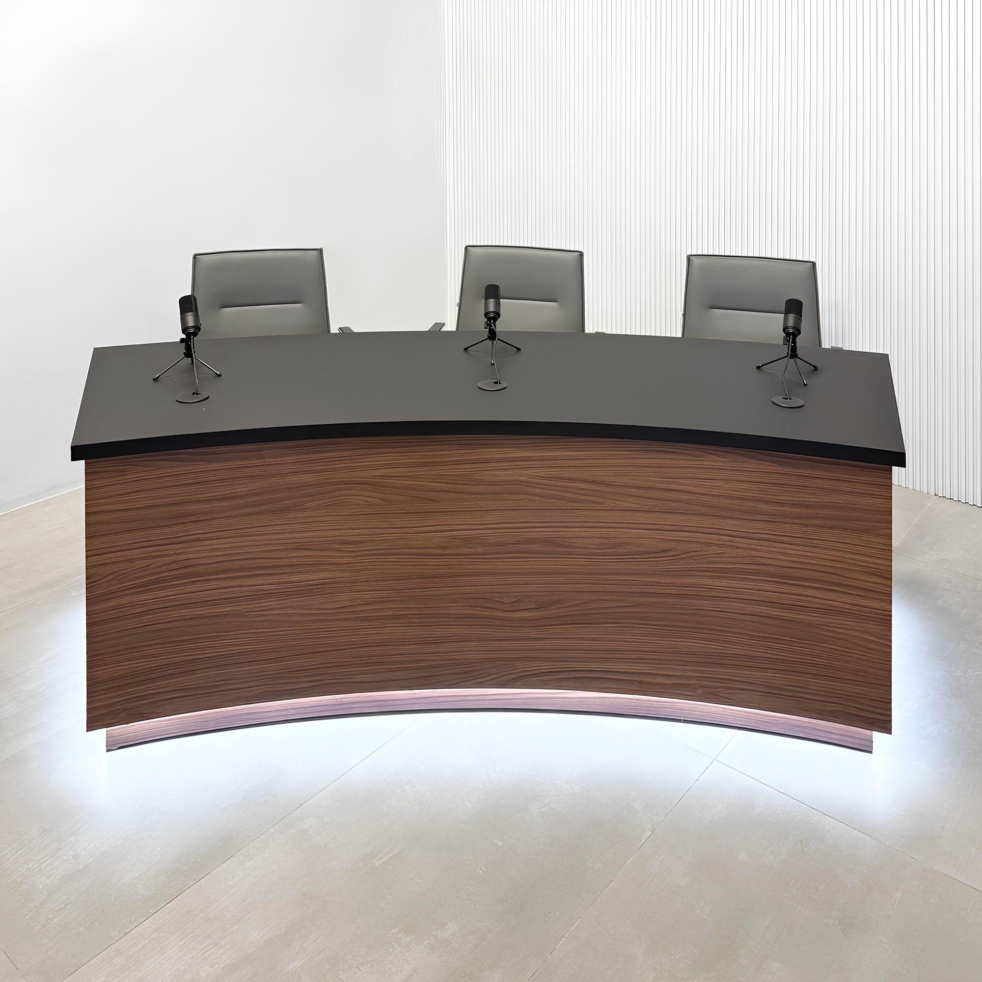 90-inch Seattle Podcast Table with black traceless top, walnut heights front, and black matte inside.