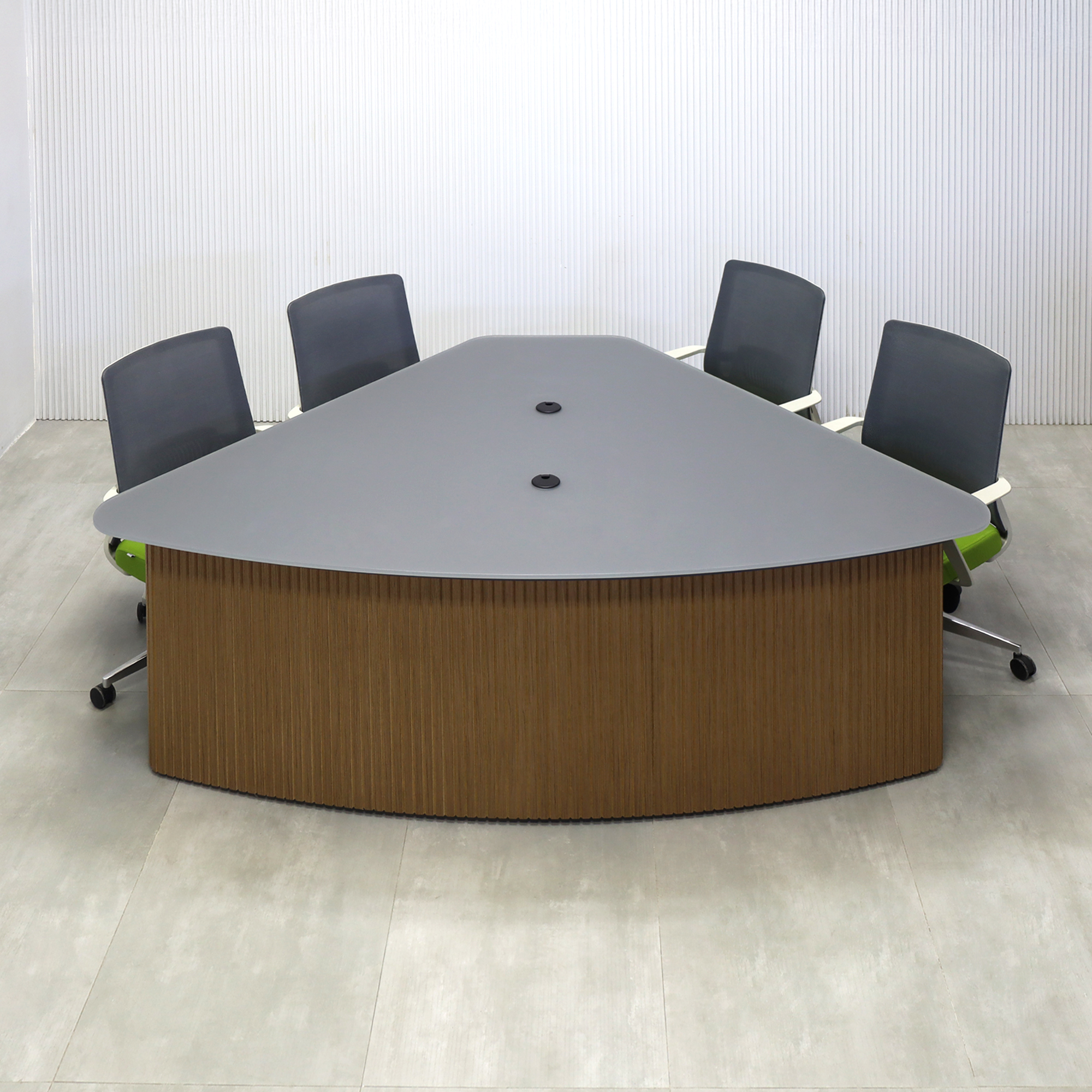 90-inch Madison Podcast Table with Dark Gray Satin Tempered Glass top, Spiced Walnut & Natural tambour front base, and Storm Gray matte laminate back base.