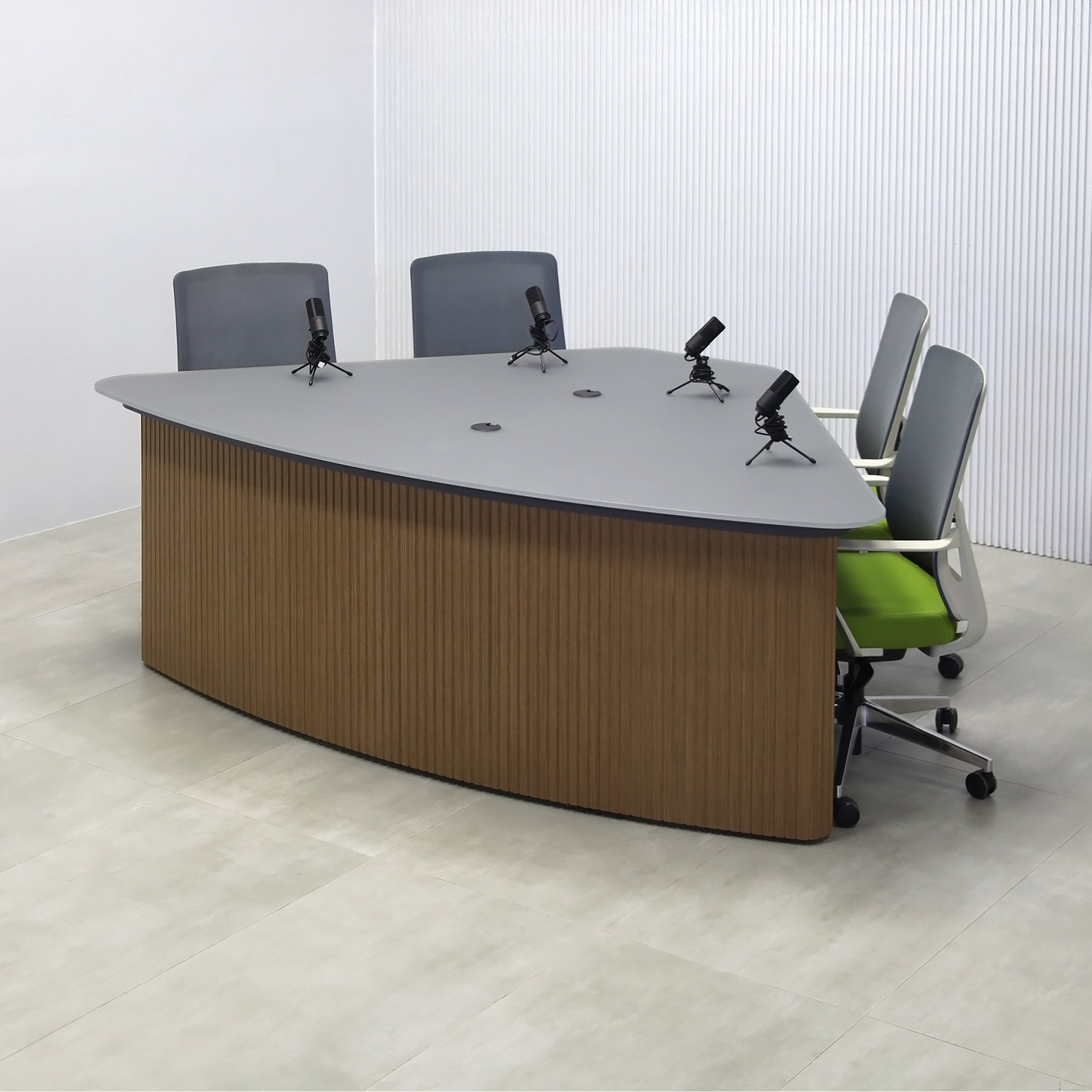 90-inch Madison Podcast Table with Dark Gray Satin Tempered Glass top, Spiced Walnut & Natural tambour front base, and Storm Gray matte laminate back base.