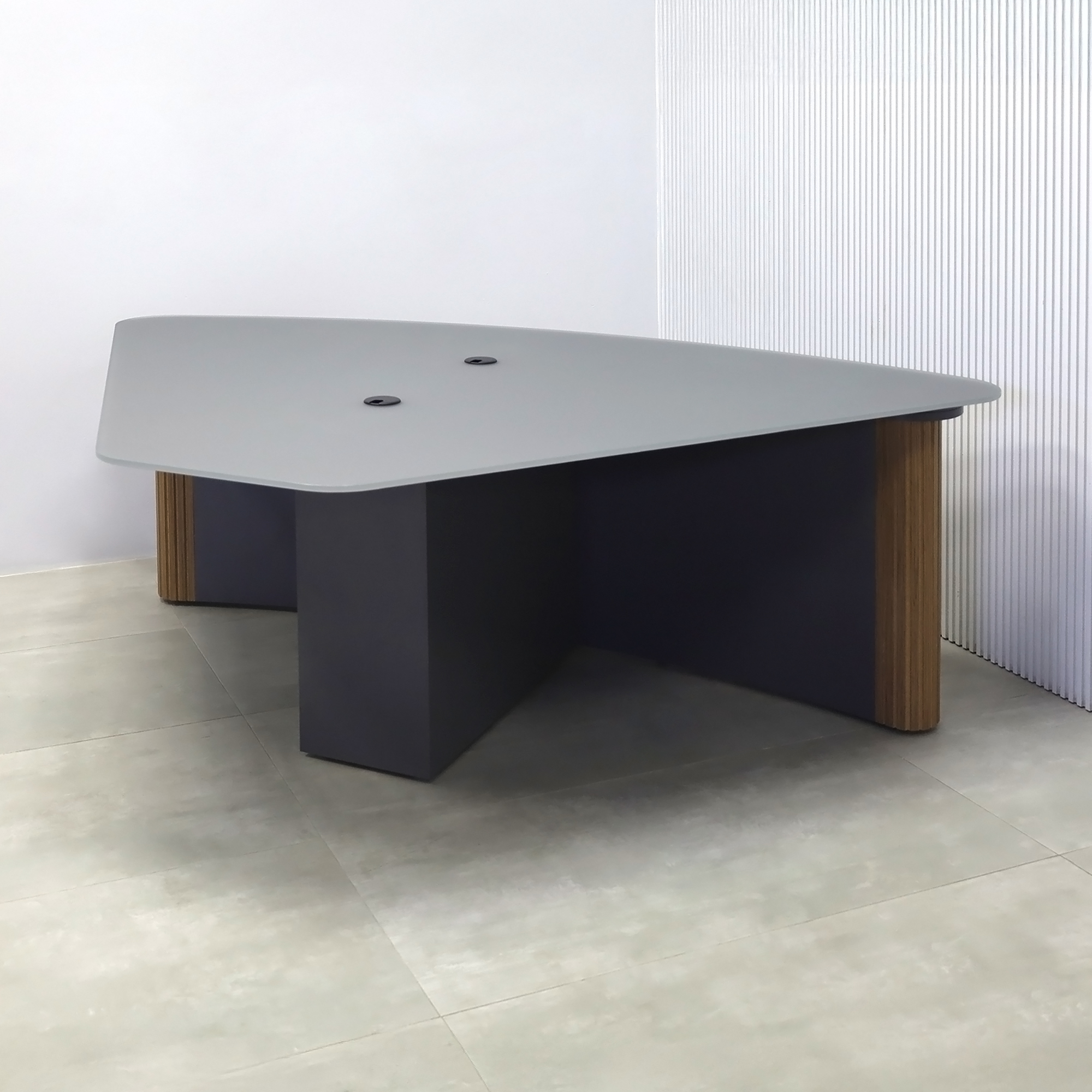 90-inch Madison Podcast Table with Dark Gray Satin Tempered Glass top, Spiced Walnut & Natural tambour front base, and Storm Gray matte laminate back base.