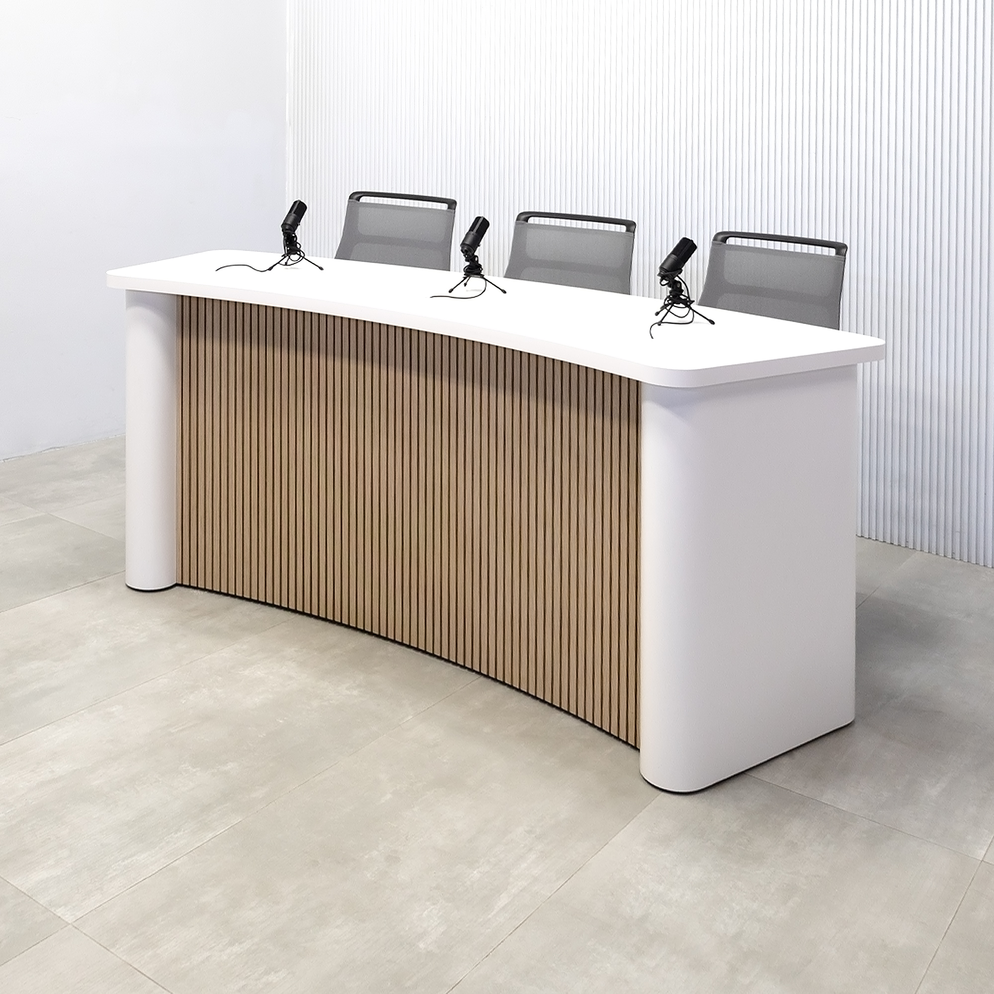 90-inch Moab Podcast Table in Dover Off-White matte laminate top, column, and back. Washed Oak tambour front panel, and warm white LED.
